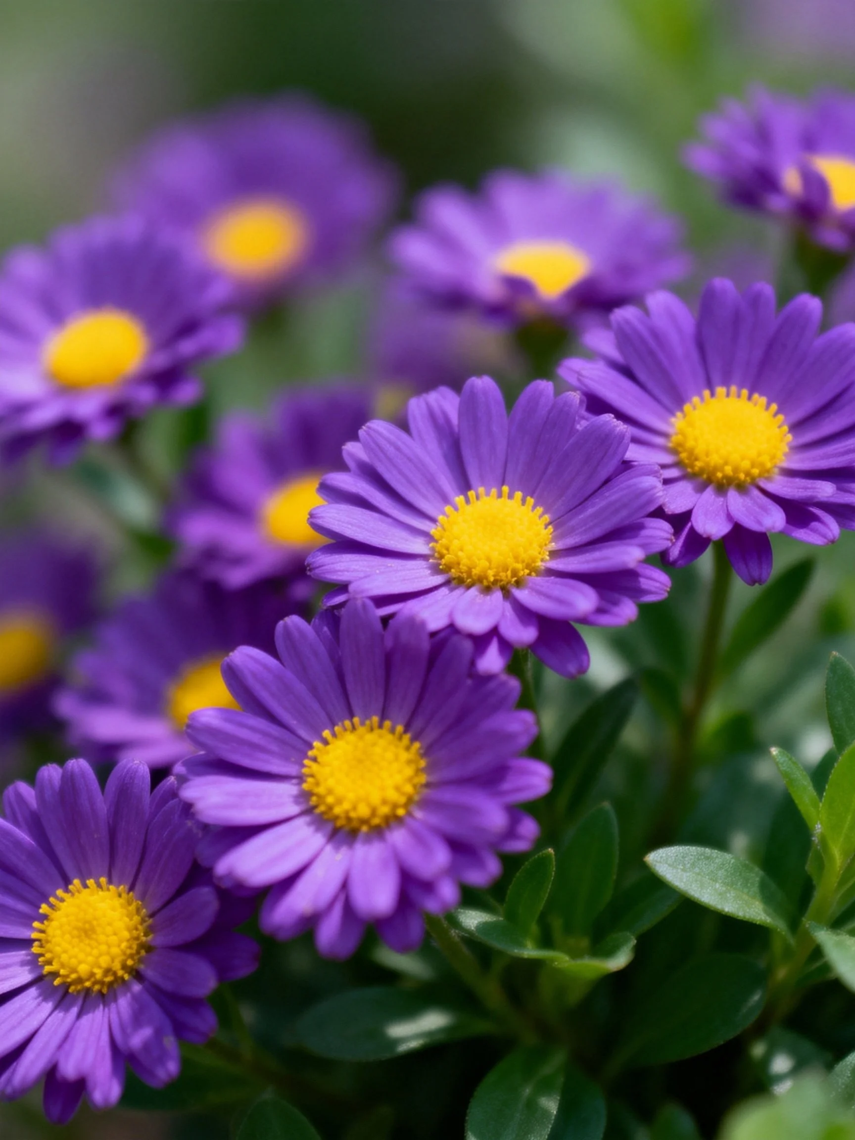 A cluster of vibrant purple aster flowers with bright yellow centers