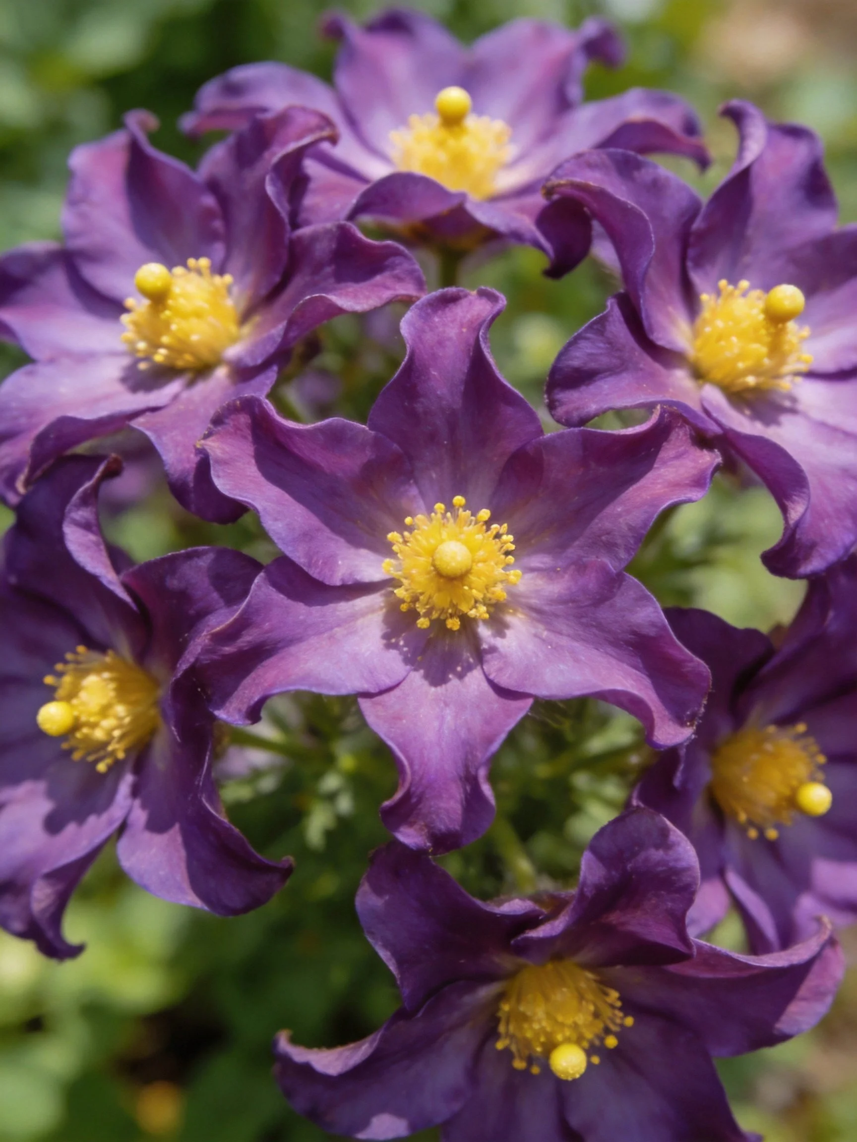 A cluster of vibrant purple flowers with bright yellow centers