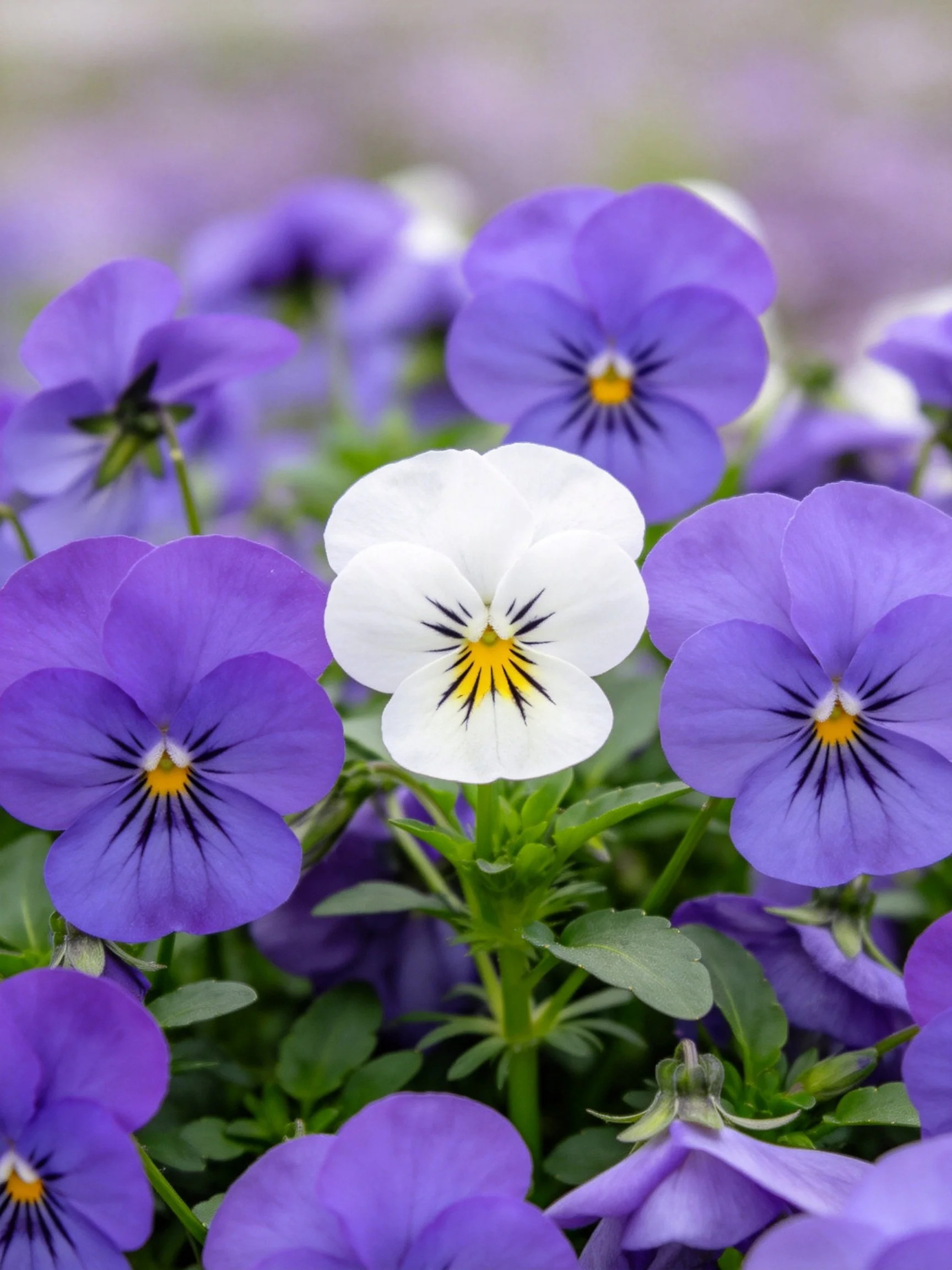 A cluster of vibrant purple pansies with one central white flower