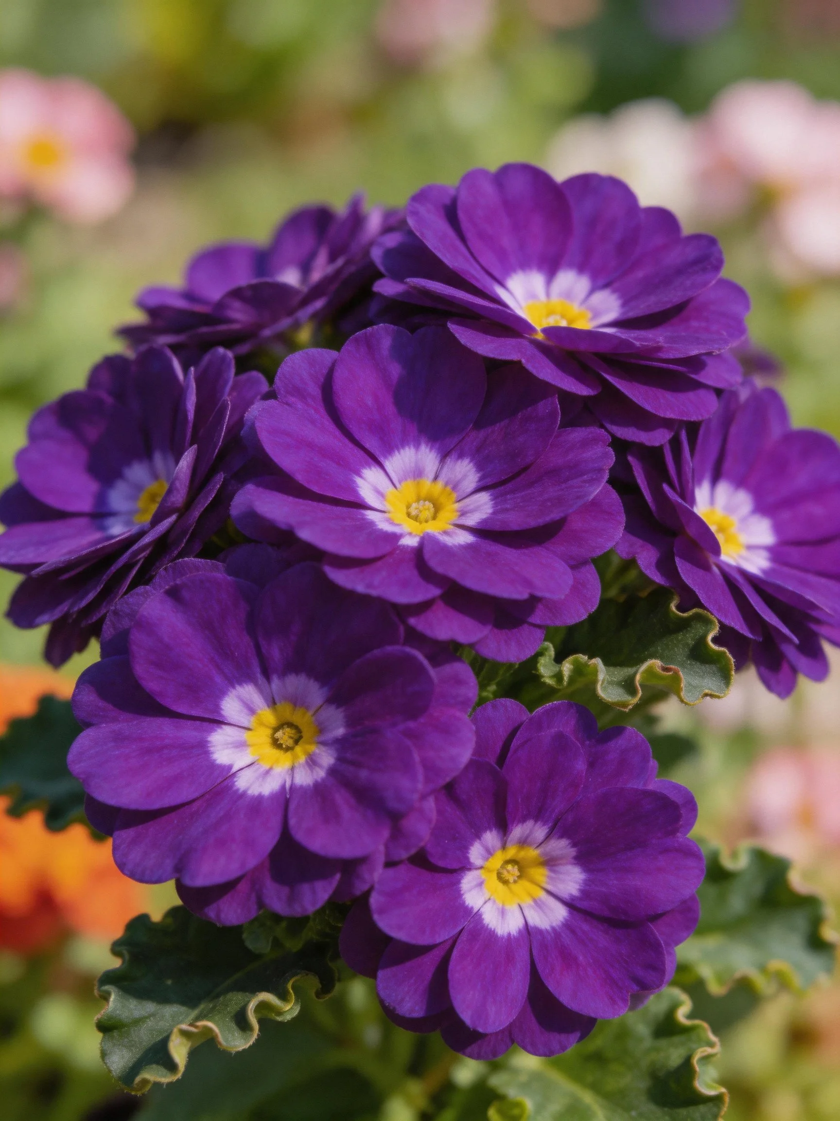 A cluster of vibrant purple primrose flowers with yellow centers