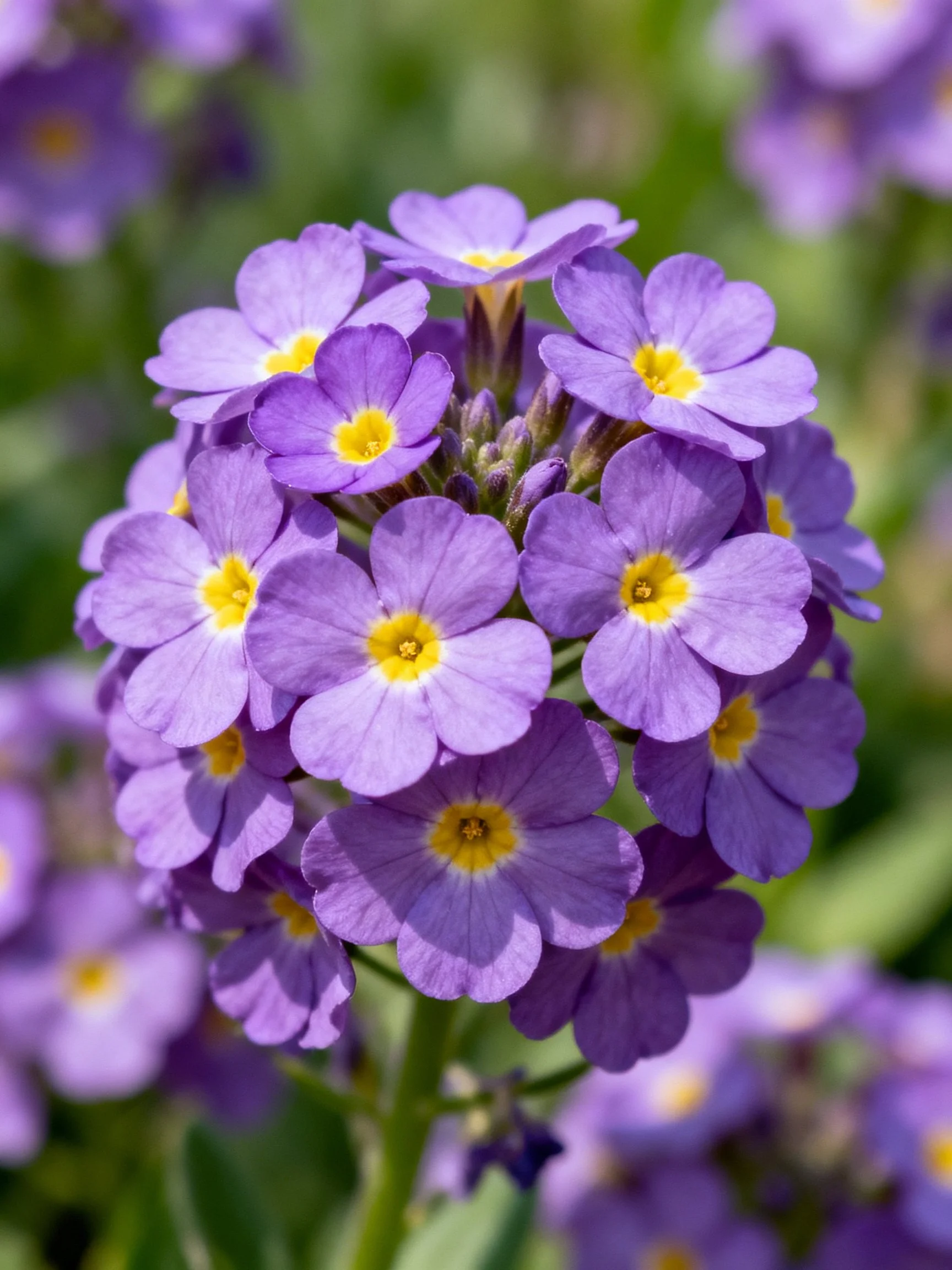 A cluster of vibrant purple primroses with bright yellow centers