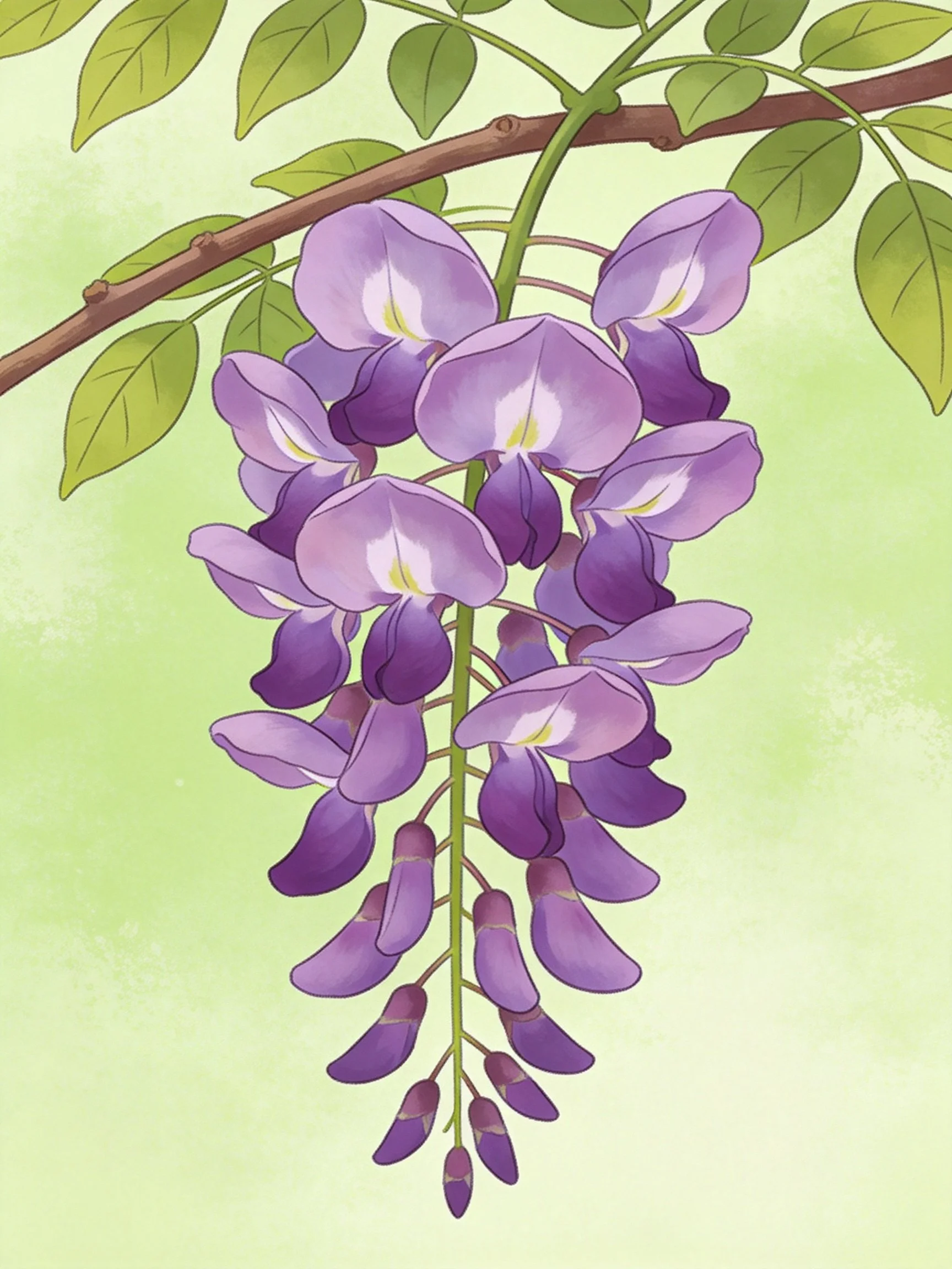 A cluster of vibrant purple wisteria blooms with green foliage