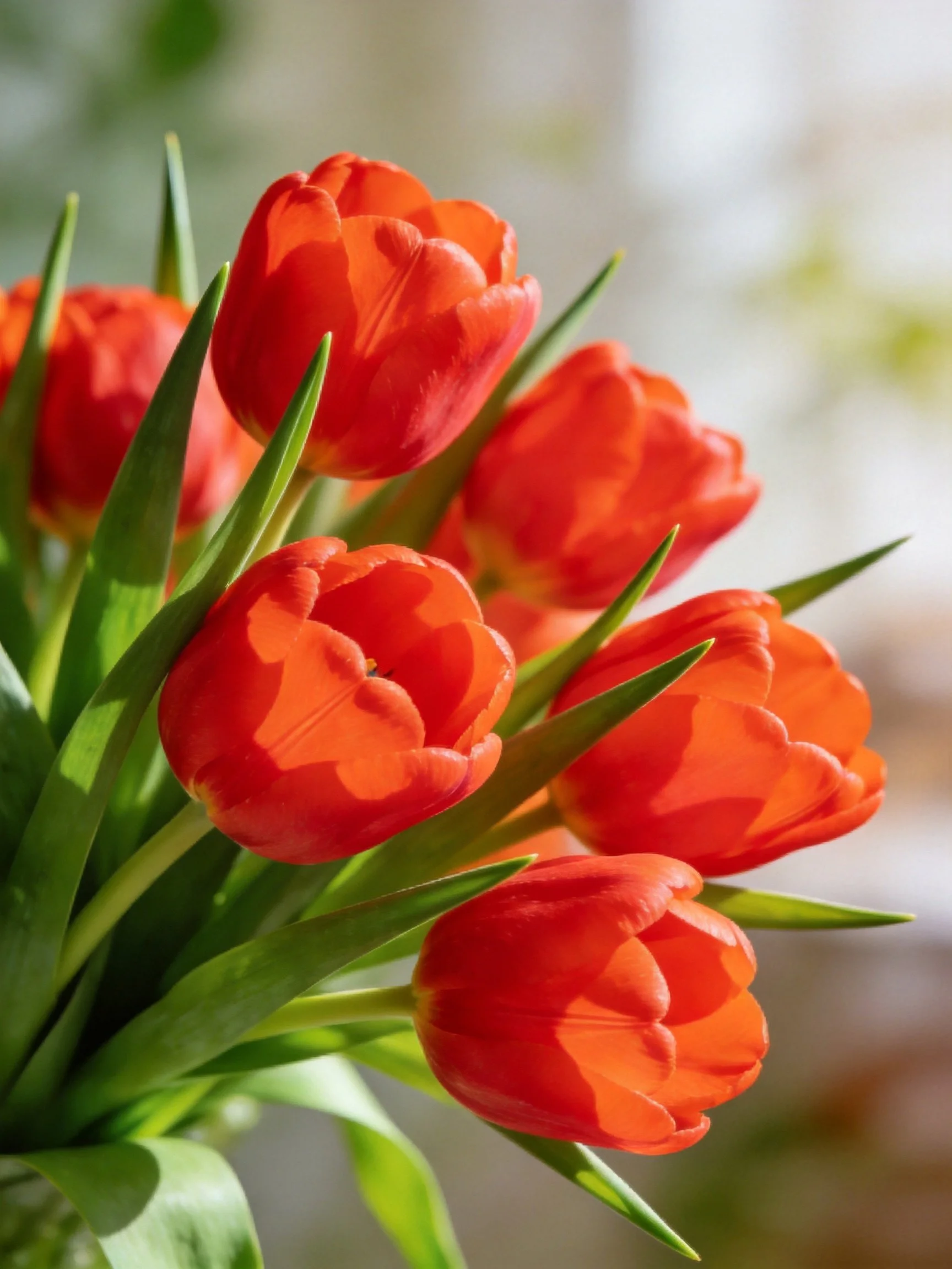 A cluster of vibrant red tulips with green foliage