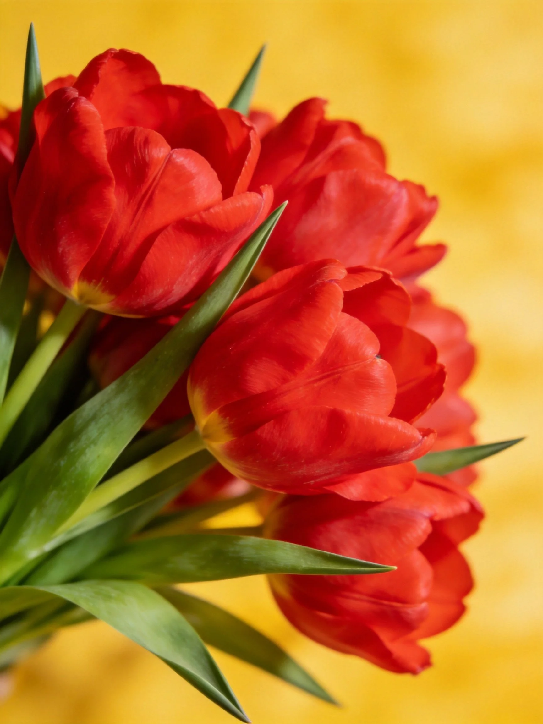 A cluster of vibrant red tulips with green stems on a yellow background