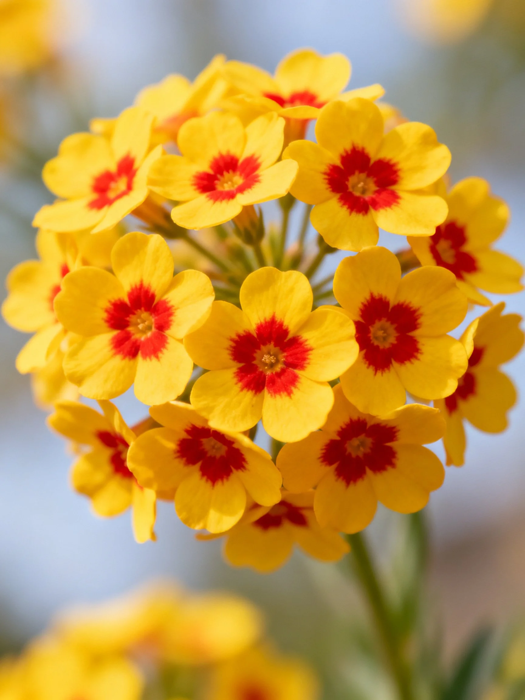 A cluster of vibrant yellow flowers with bold red centers