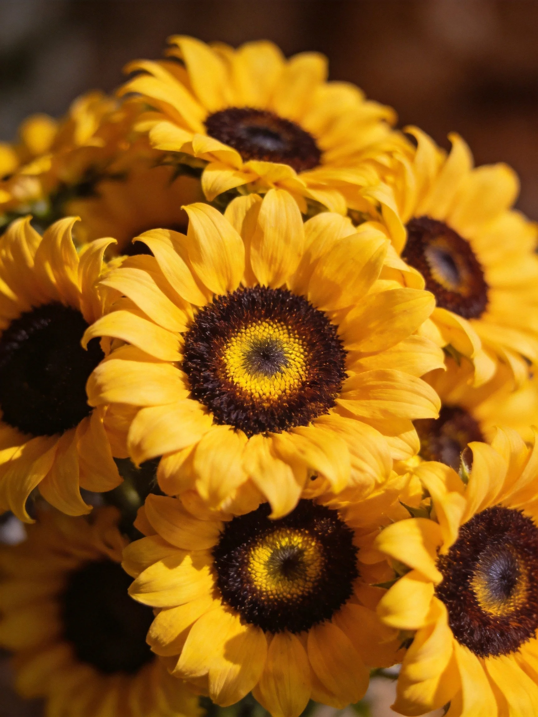 A cluster of vibrant yellow sunflowers with dark brown centers