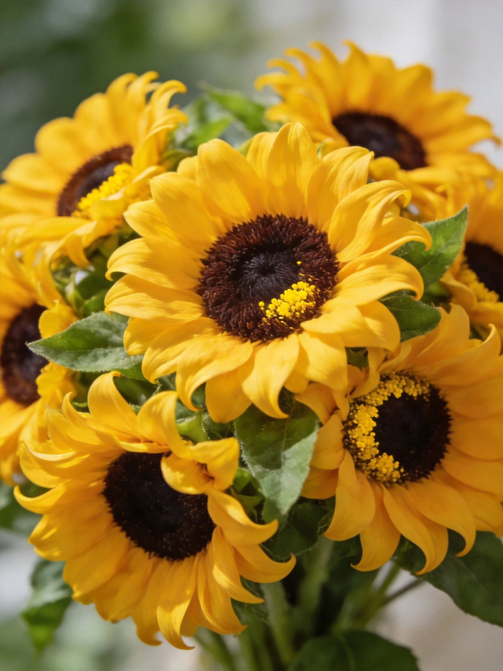 A cluster of vibrant yellow sunflowers with dark brown centers