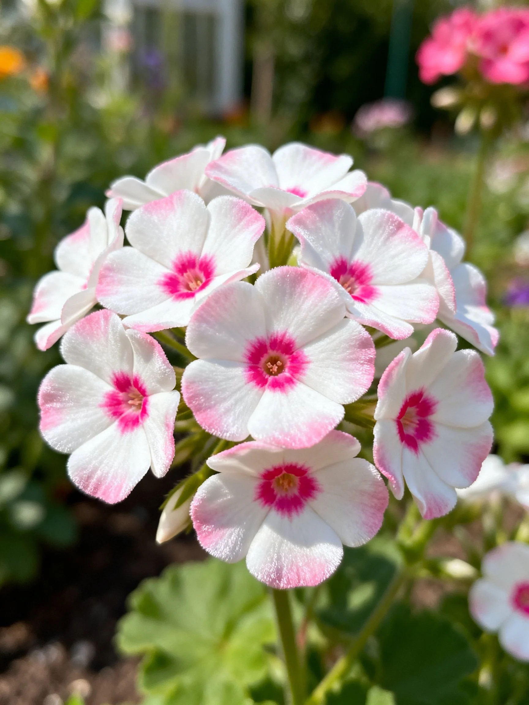 A cluster of white and pink geranium flowers in a garden