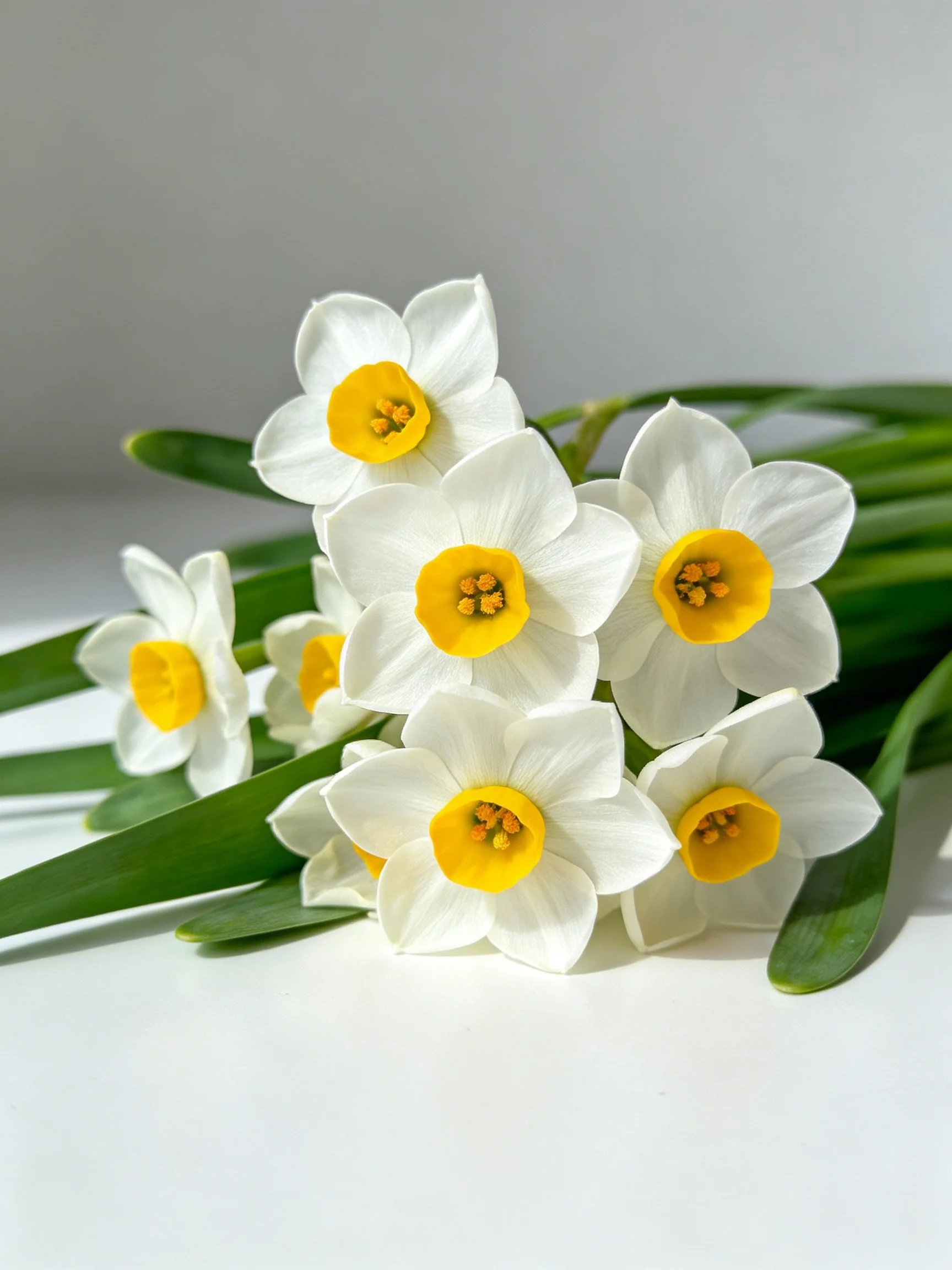 A cluster of white and yellow daffodil blooms arranged against a plain surface.
