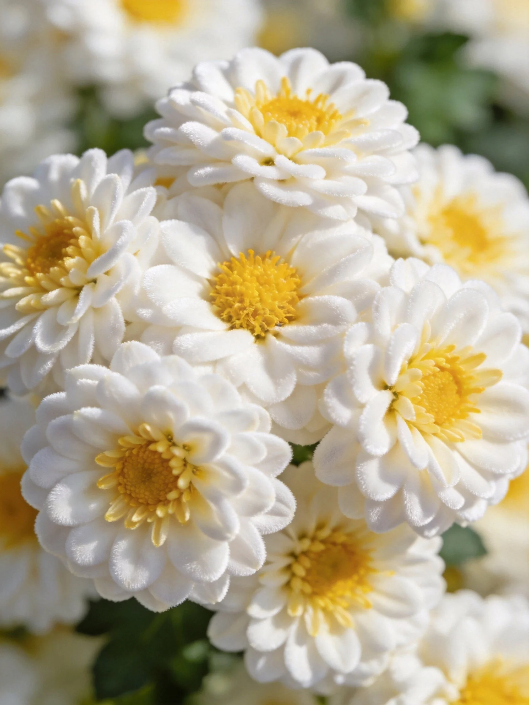 A cluster of white chrysanthemums with bright yellow centers
