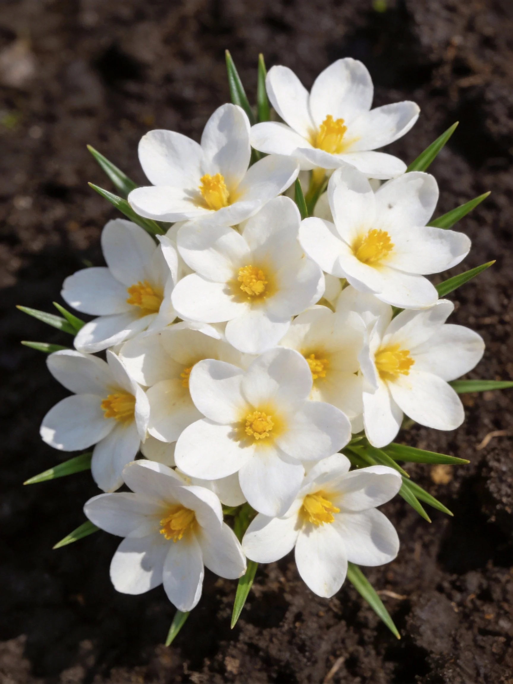 A cluster of white crocus flowers with yellow centers in dark soil