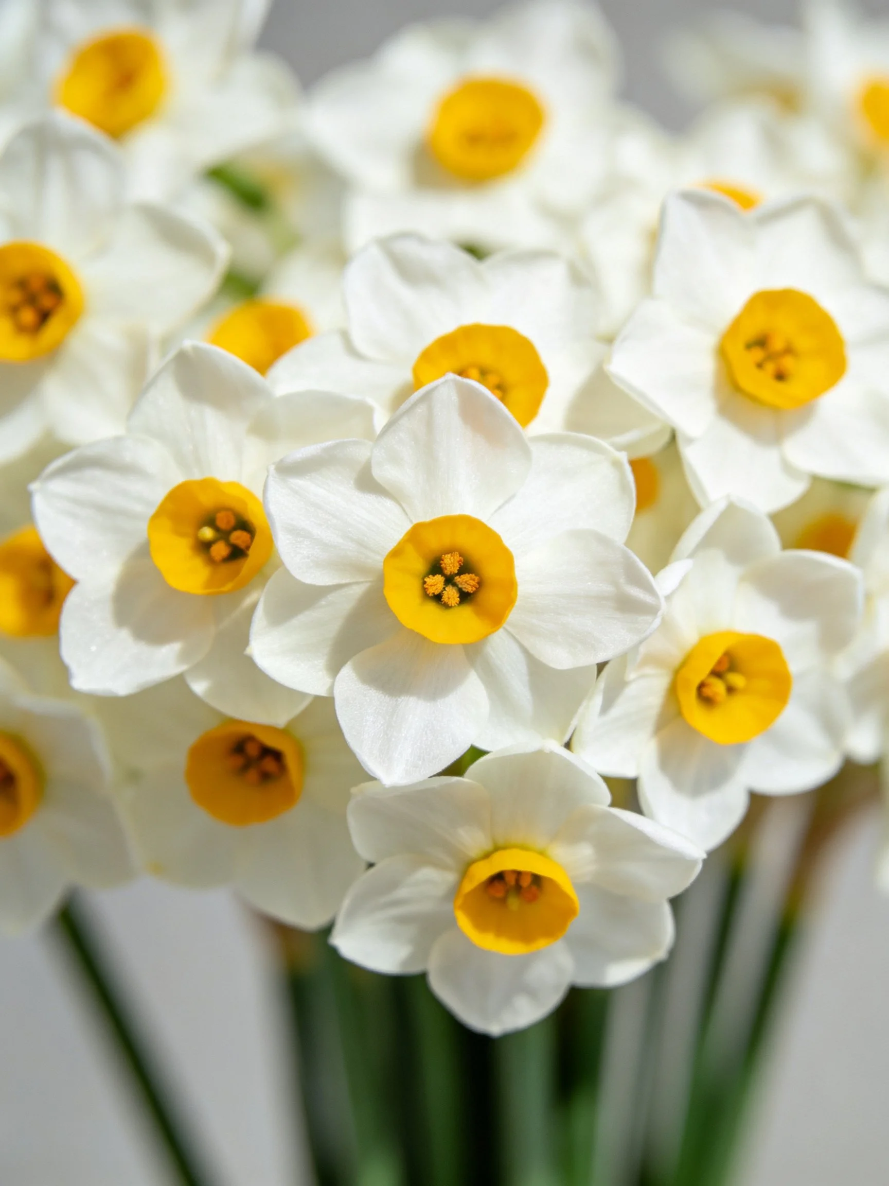 A cluster of white daffodil flowers with bright yellow centers