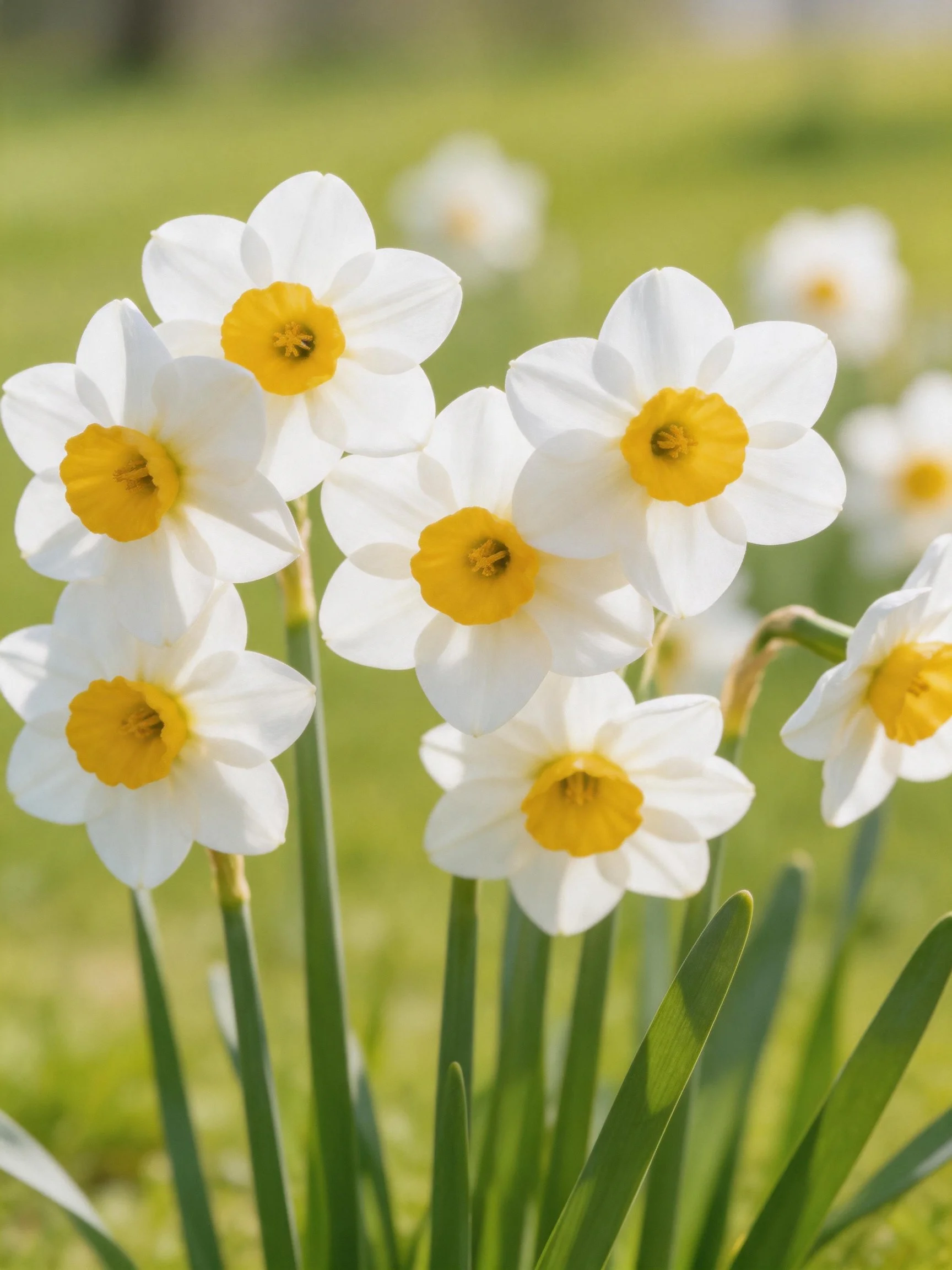 A cluster of white daffodils with vibrant yellow centers