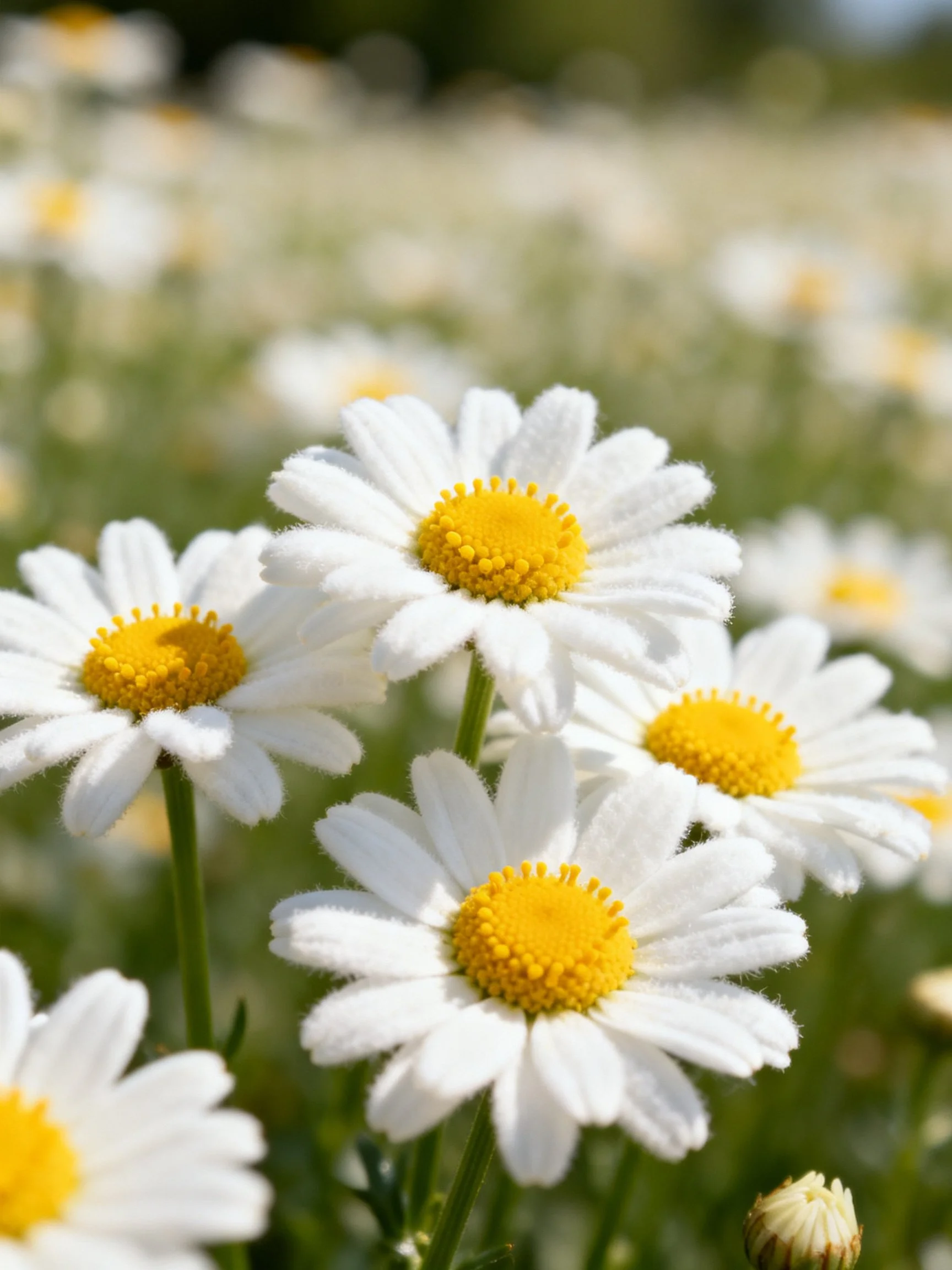 A cluster of white daisies with vibrant yellow centers in a sunlit meadow