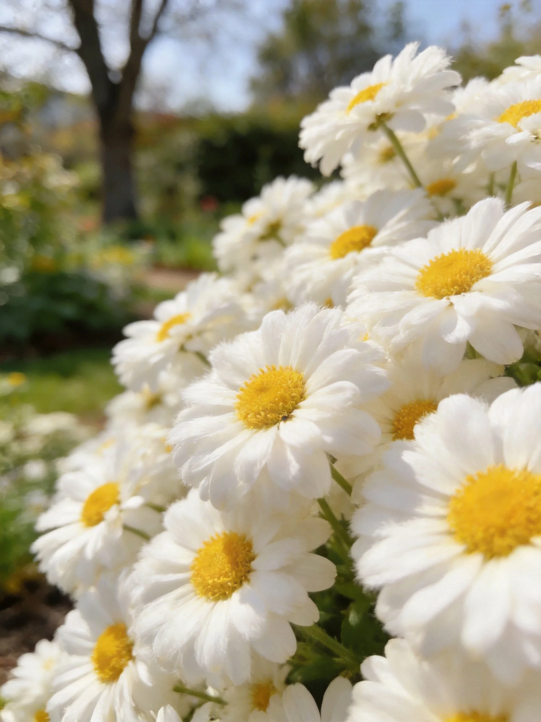 A cluster of white daisies with vibrant yellow centers in a sunny garden