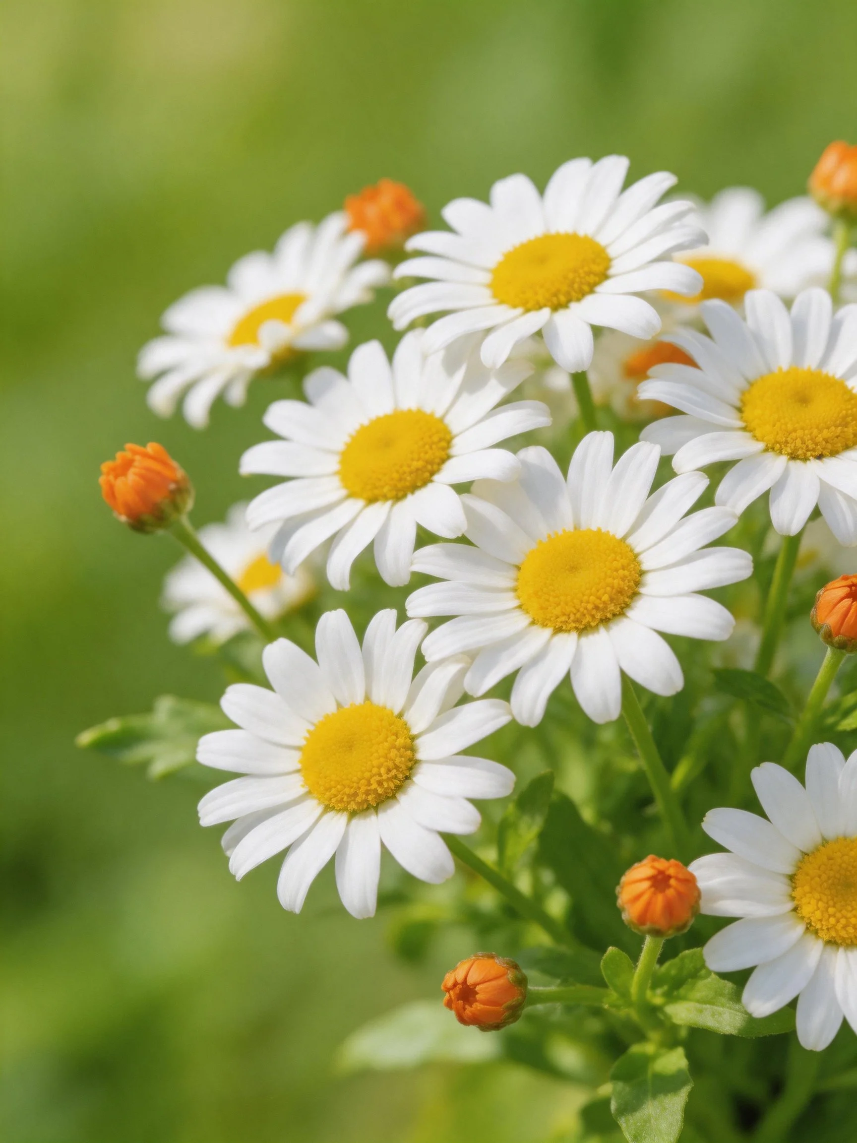 A cluster of white daisies with yellow centers and orange buds