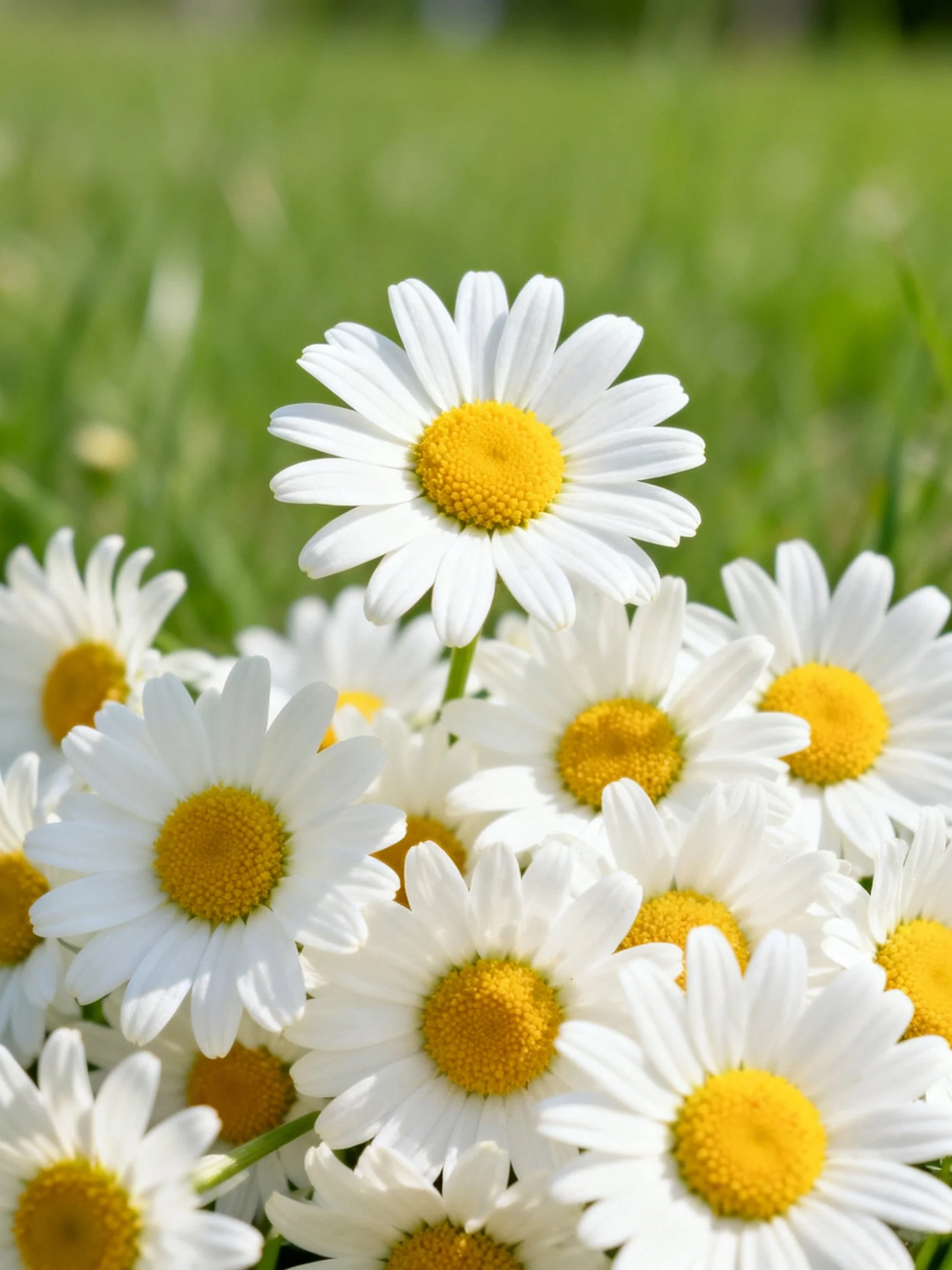 A cluster of white daisies with yellow centers in a green meadow