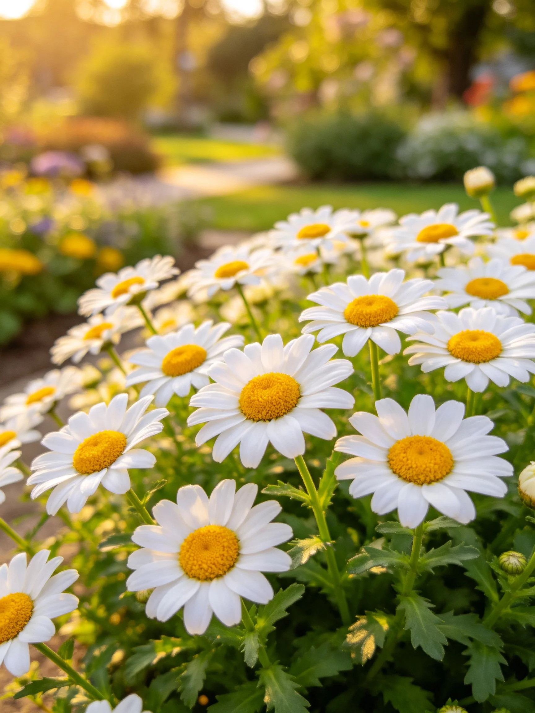 A cluster of white daisies with yellow centers in a sunlit garden
