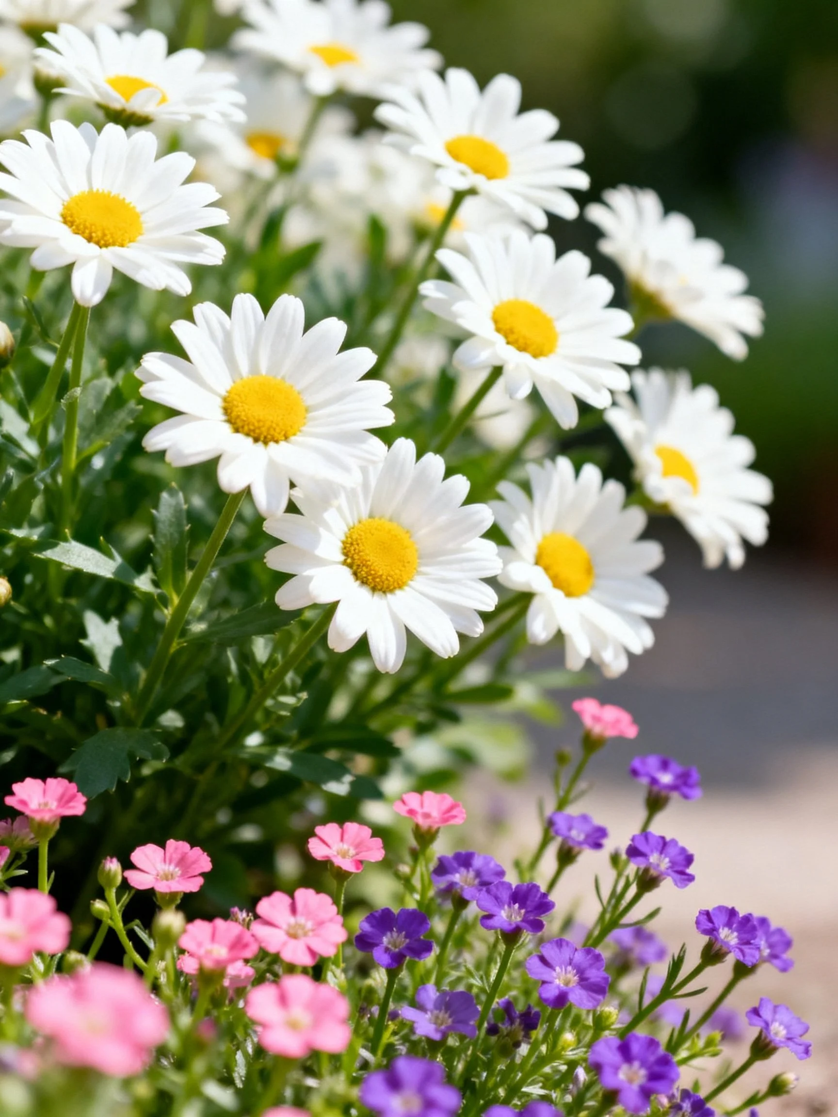 A cluster of white daisies with yellow centers, interspersed with pink and purple blooms