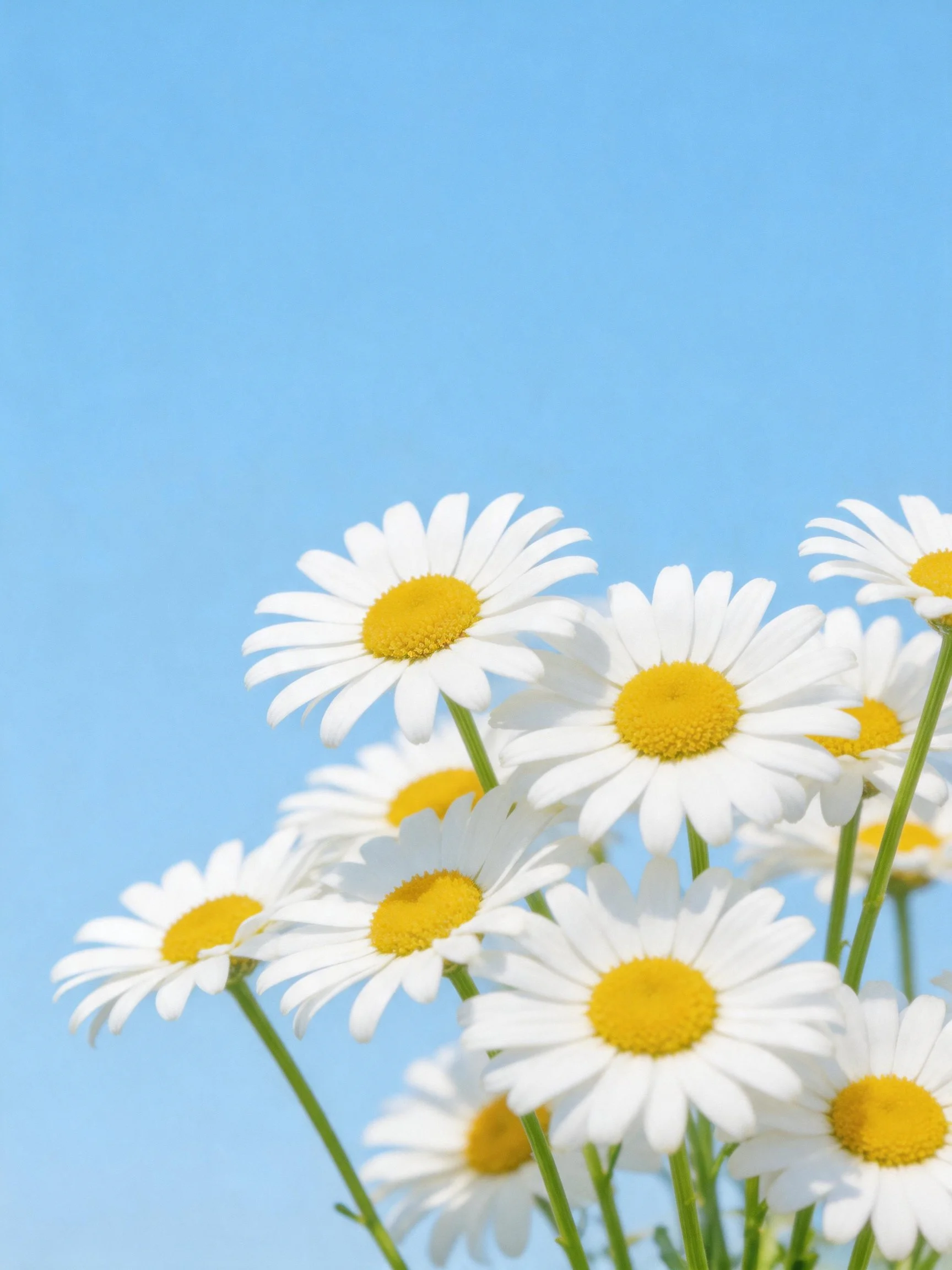 A cluster of white daisies with yellow centers set against a bright blue sky