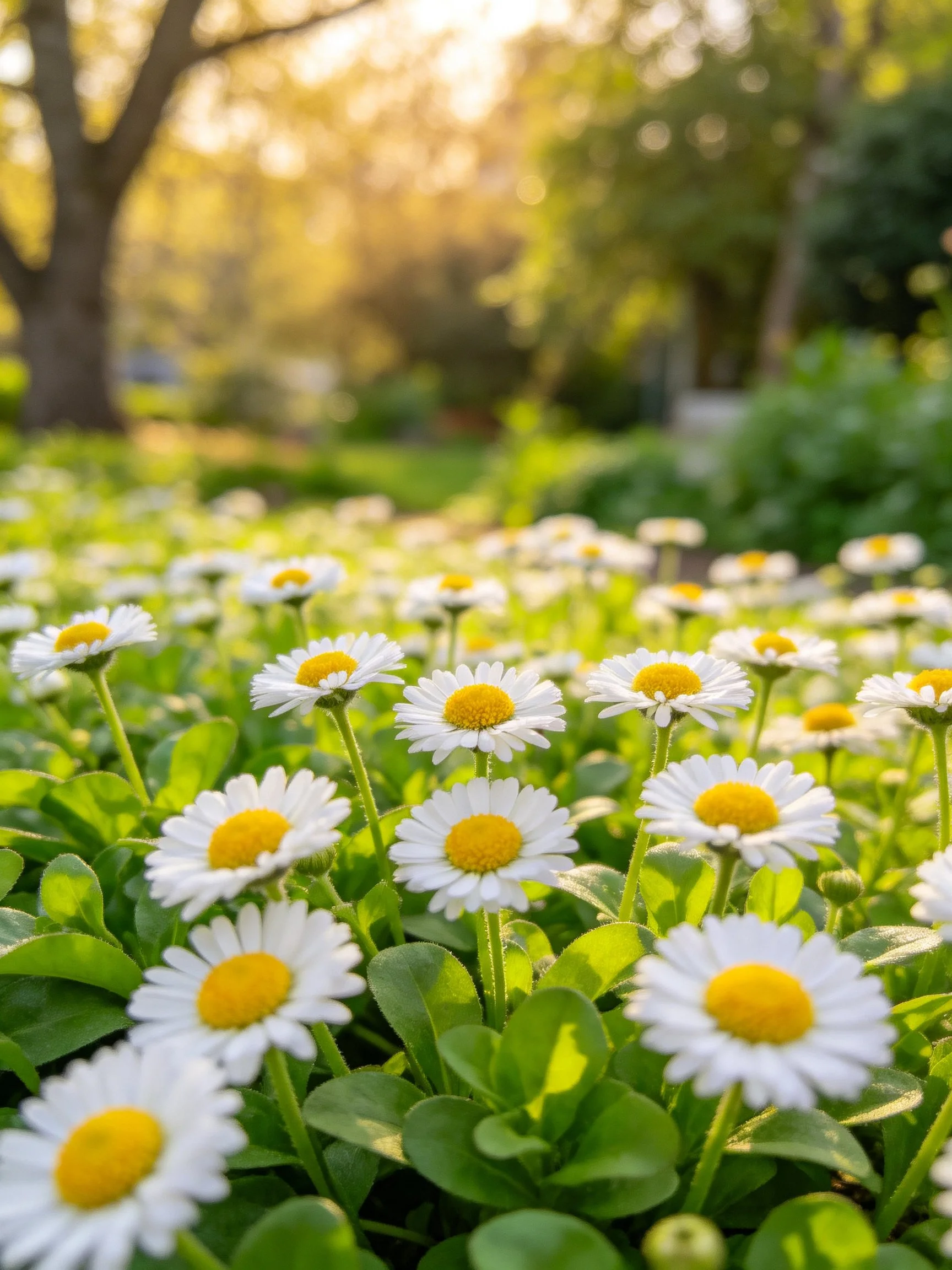 A cluster of white daisies with yellow centers under golden sunlight