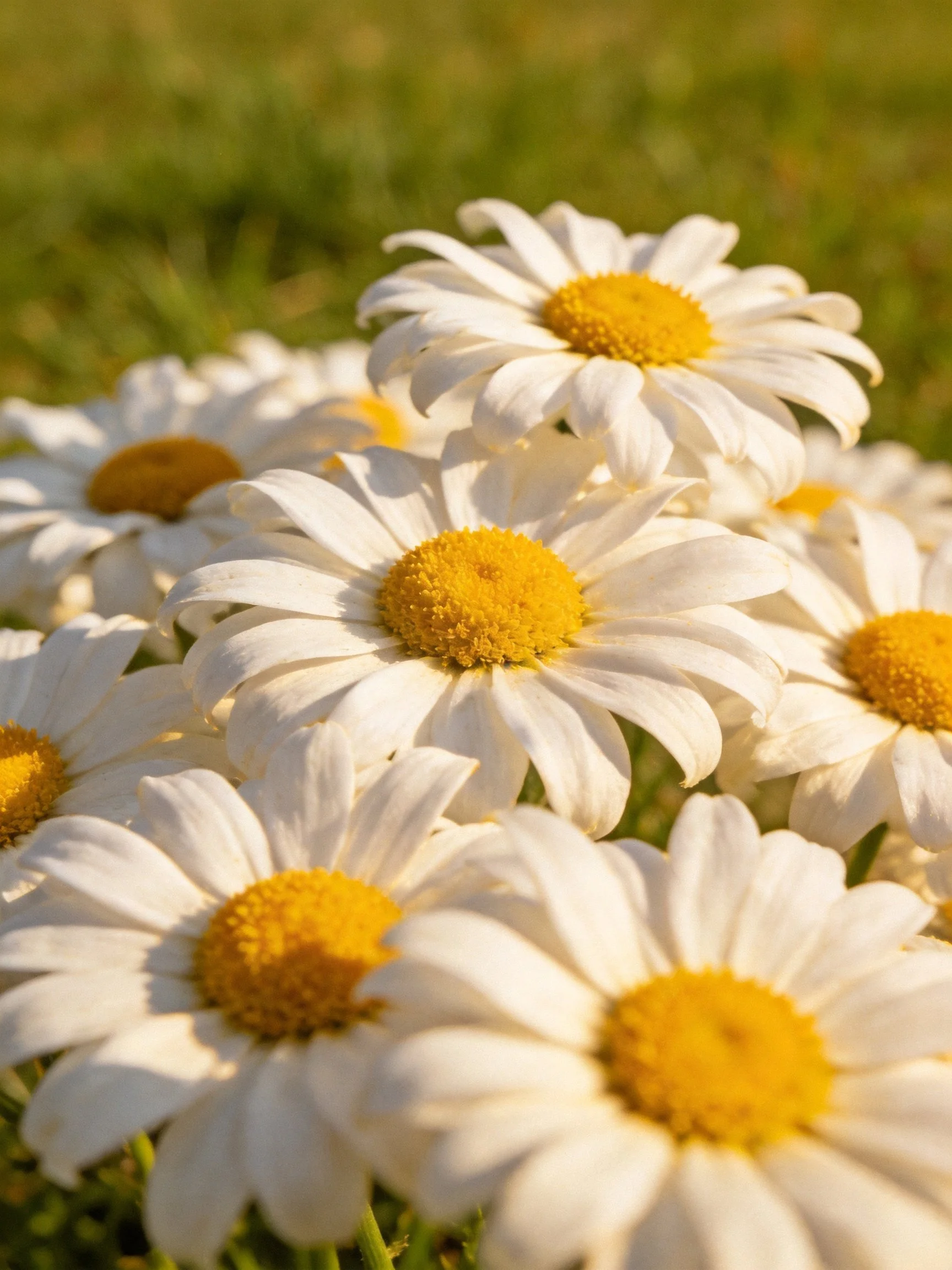 A cluster of white daisy blooms with golden-yellow centers amidst green grass