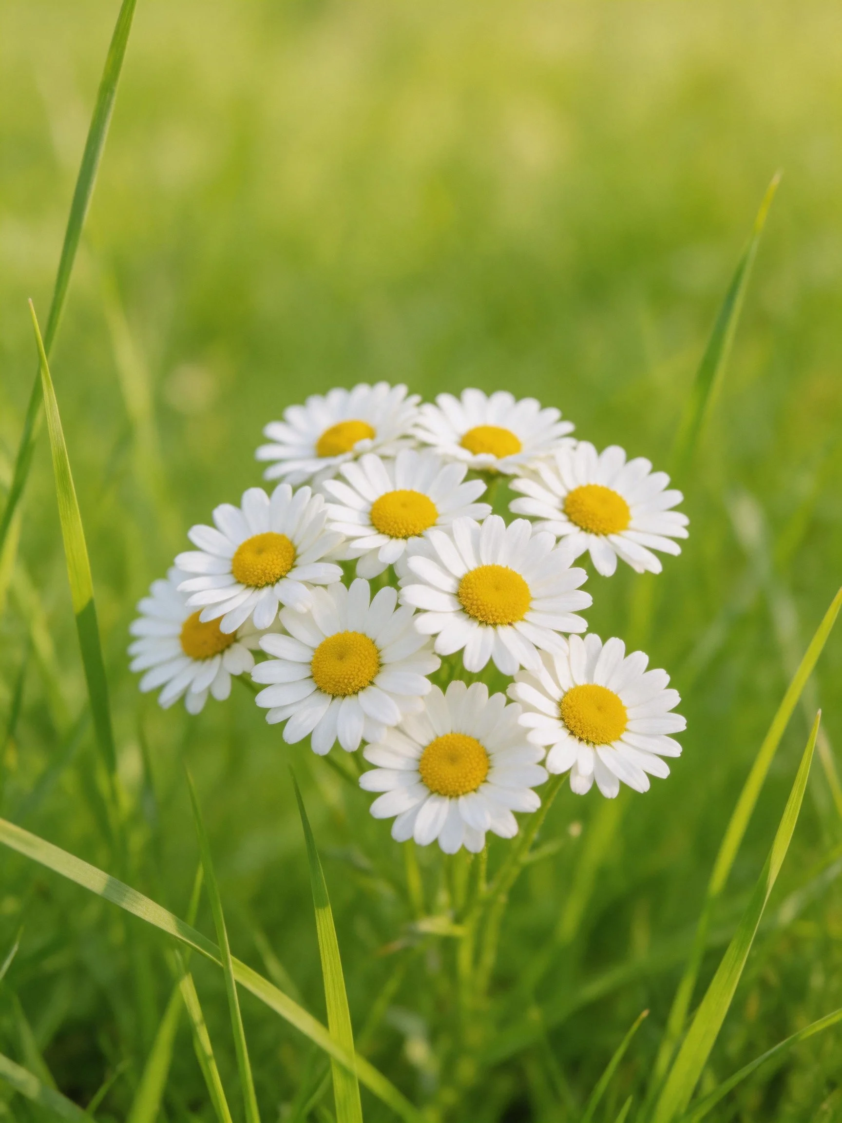A cluster of white daisy flowers with yellow centers amid green grass
