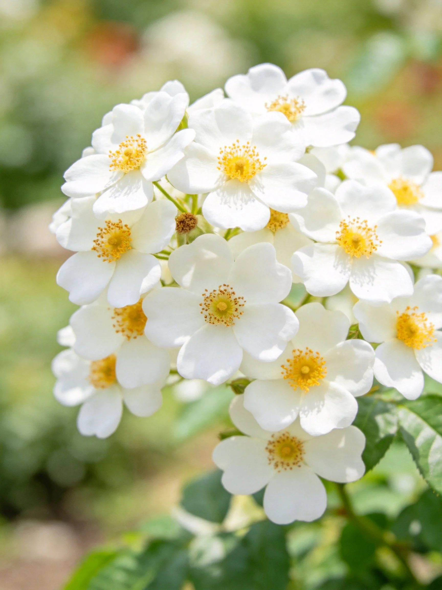 A cluster of white flowers with yellow centers amid green foliage