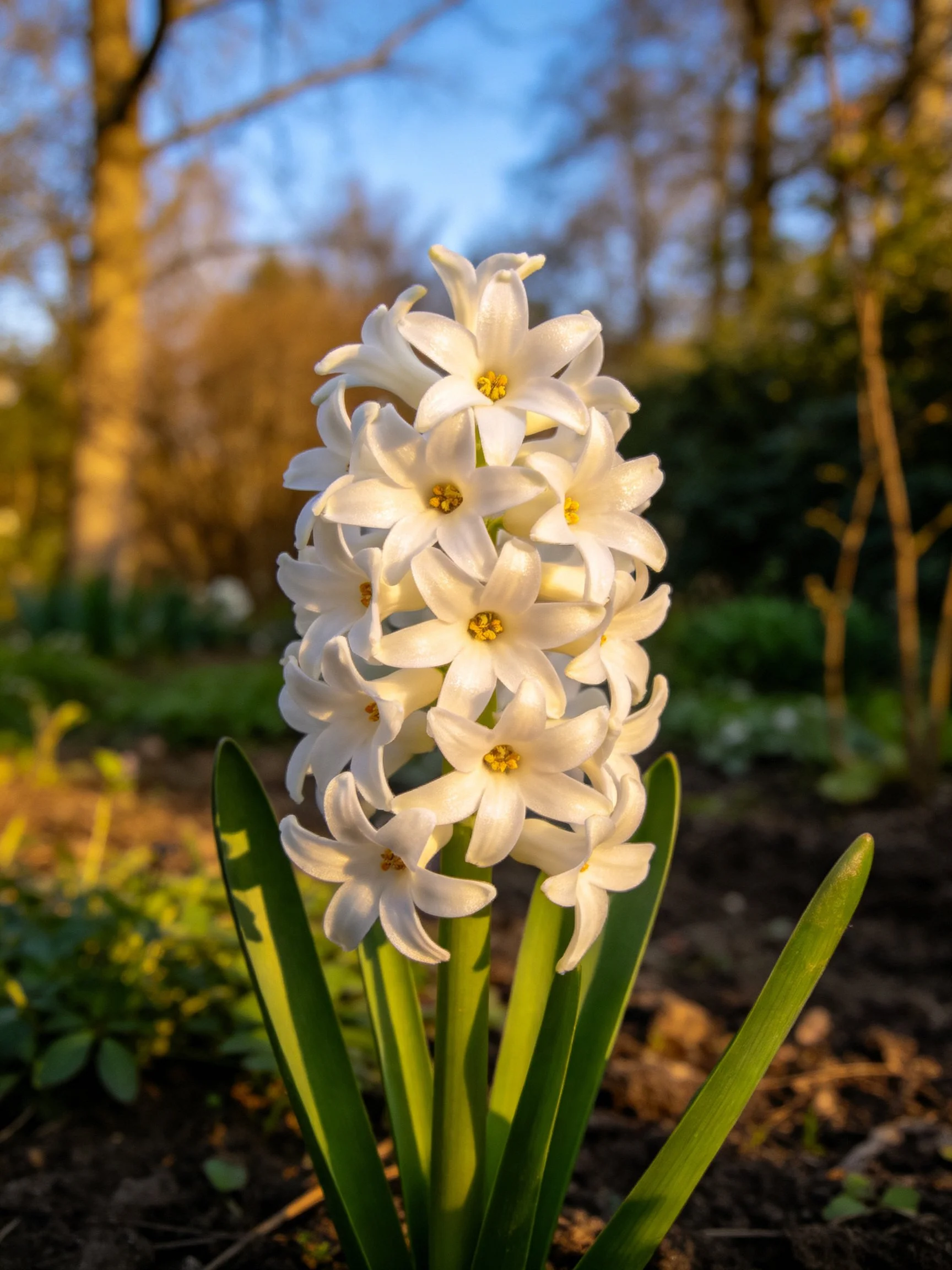 A cluster of white hyacinths blooms in a sunlit garden