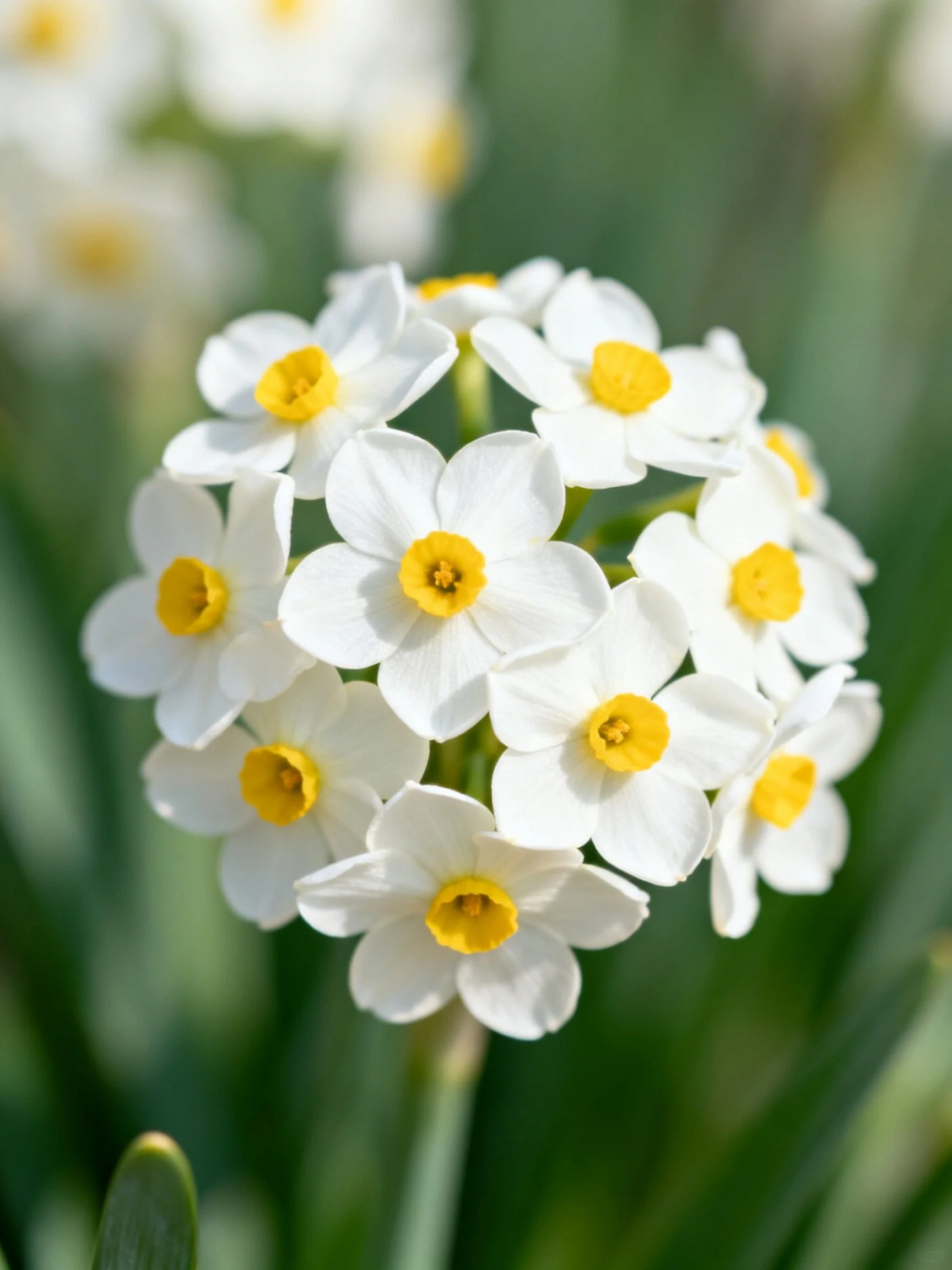 A cluster of white narcissi with golden centers against green foliage