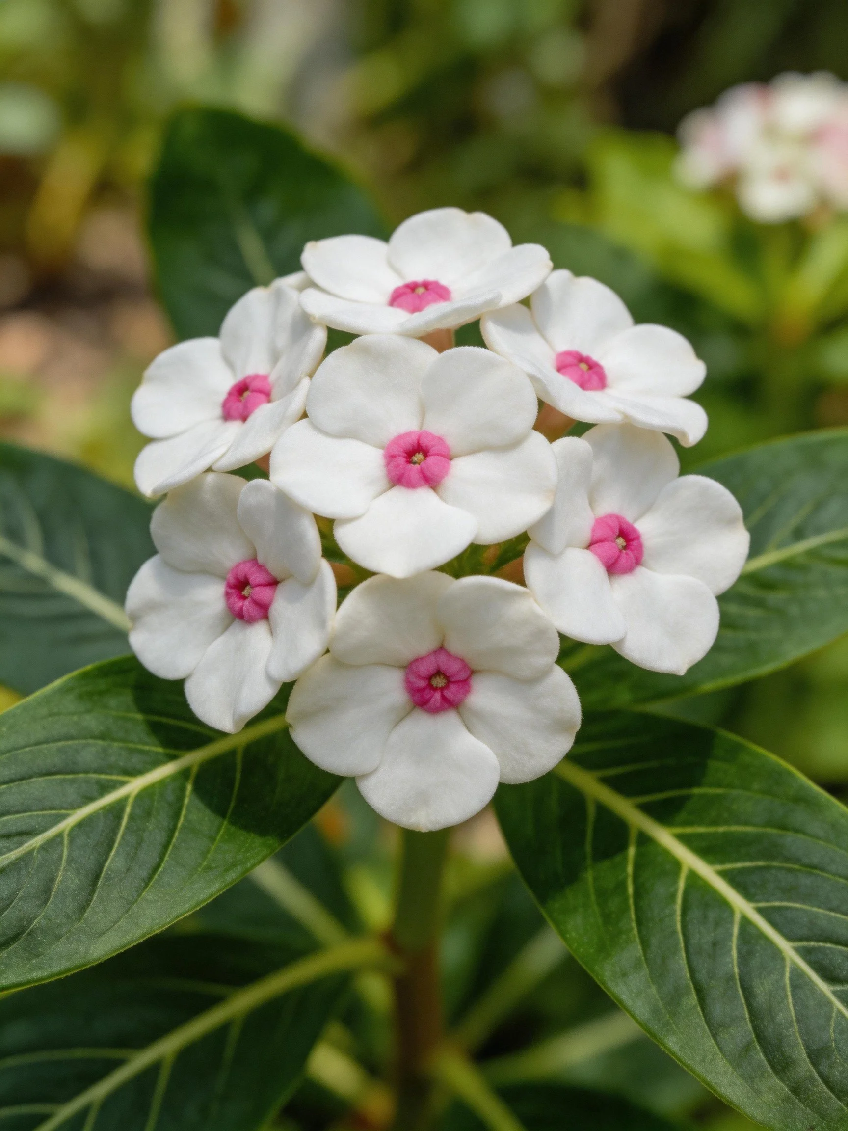 A cluster of white-petaled flowers with pink centers amid broad green leaves