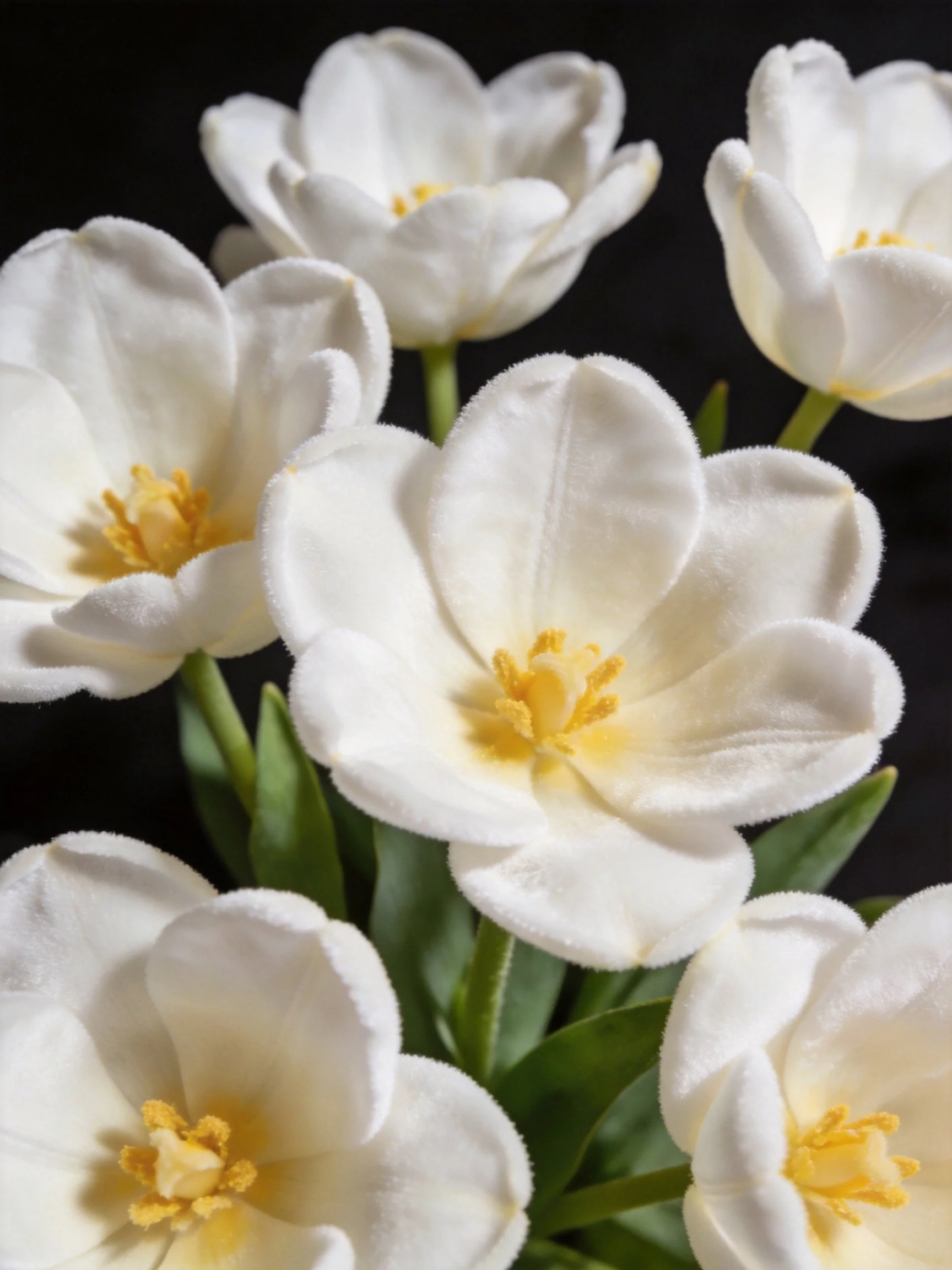 A cluster of white plush tulips with yellow centers