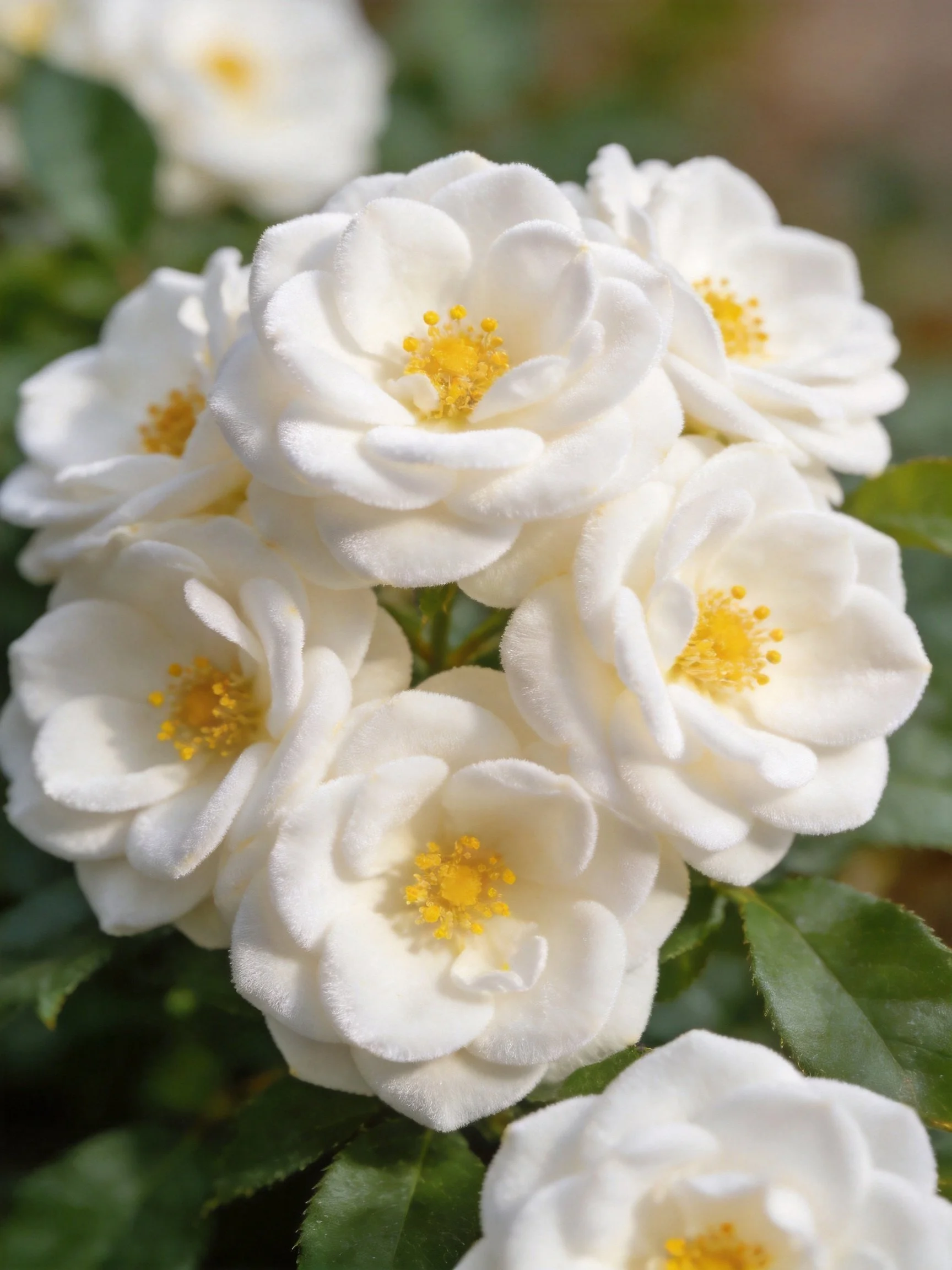 A cluster of white roses with bright yellow centers