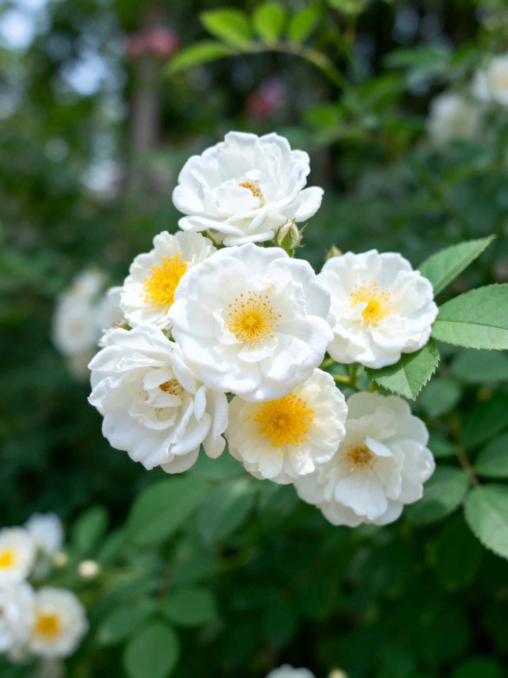 A cluster of white roses with yellow centers amid green foliage