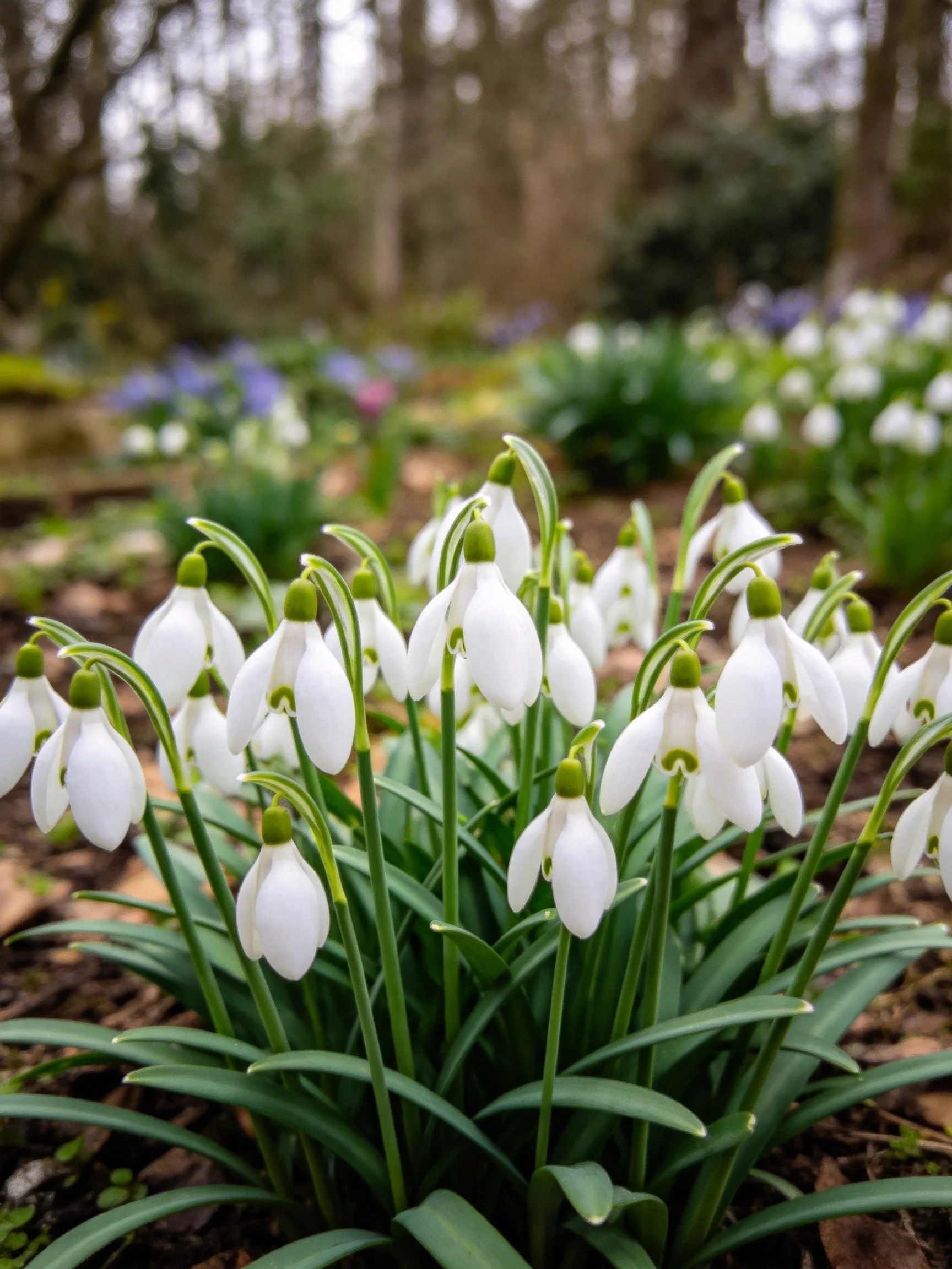 A cluster of white snowdrop flowers in a forest setting