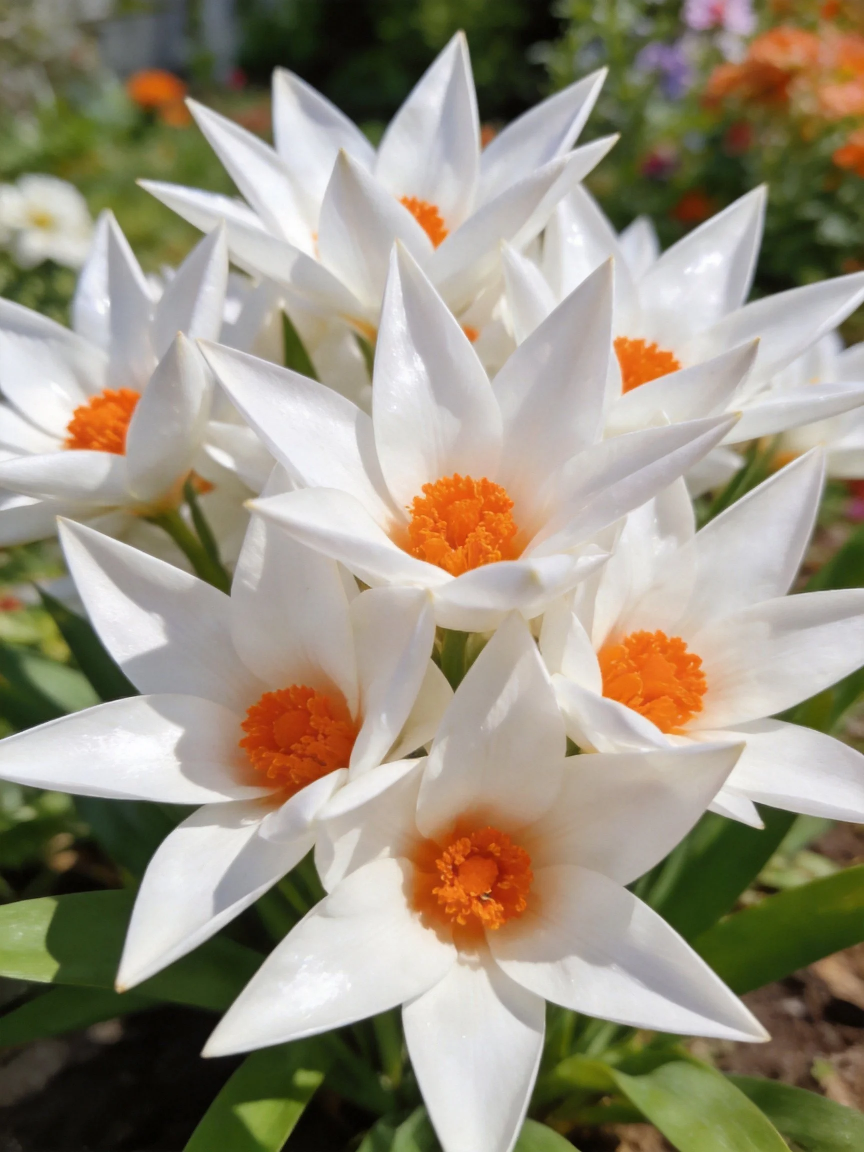 A cluster of white star-shaped flowers with vibrant orange centers