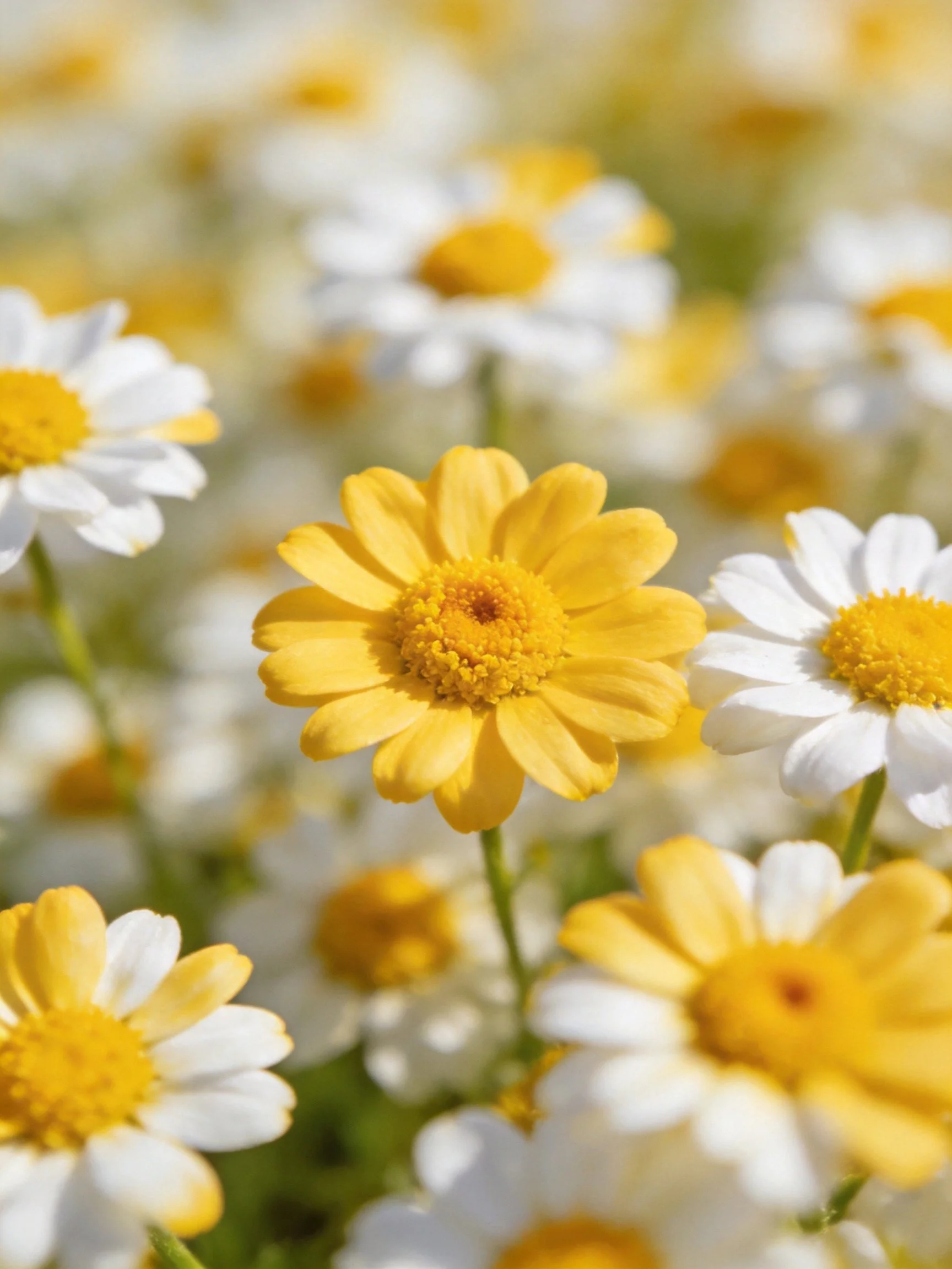 A cluster of yellow and white daisies with shallow depth of field