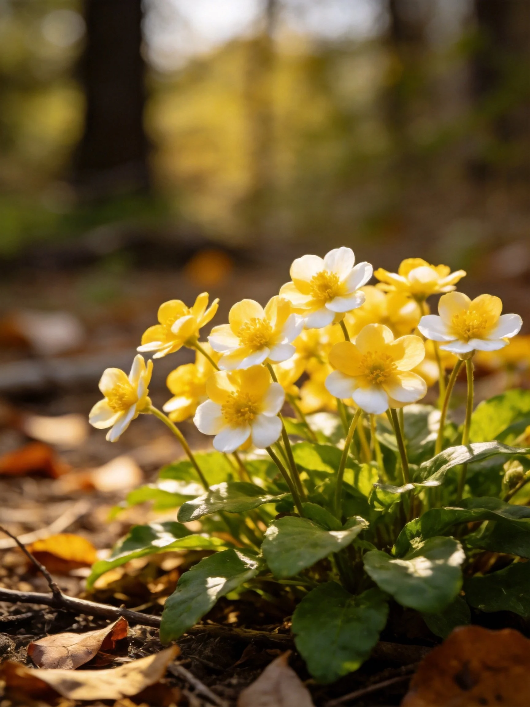 A cluster of yellow and white wildflowers with green foliage and brown leaves
