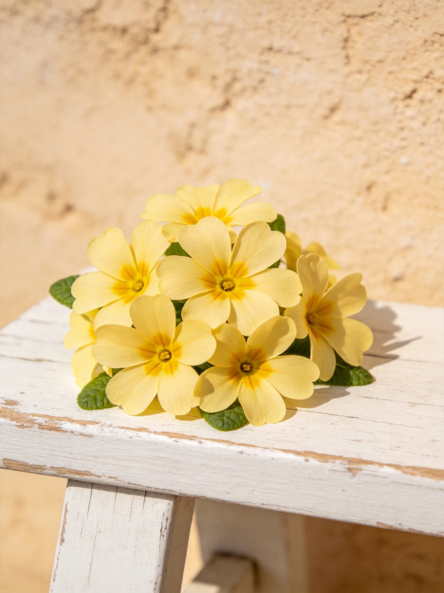 A cluster of yellow primroses rests on a weathered white bench