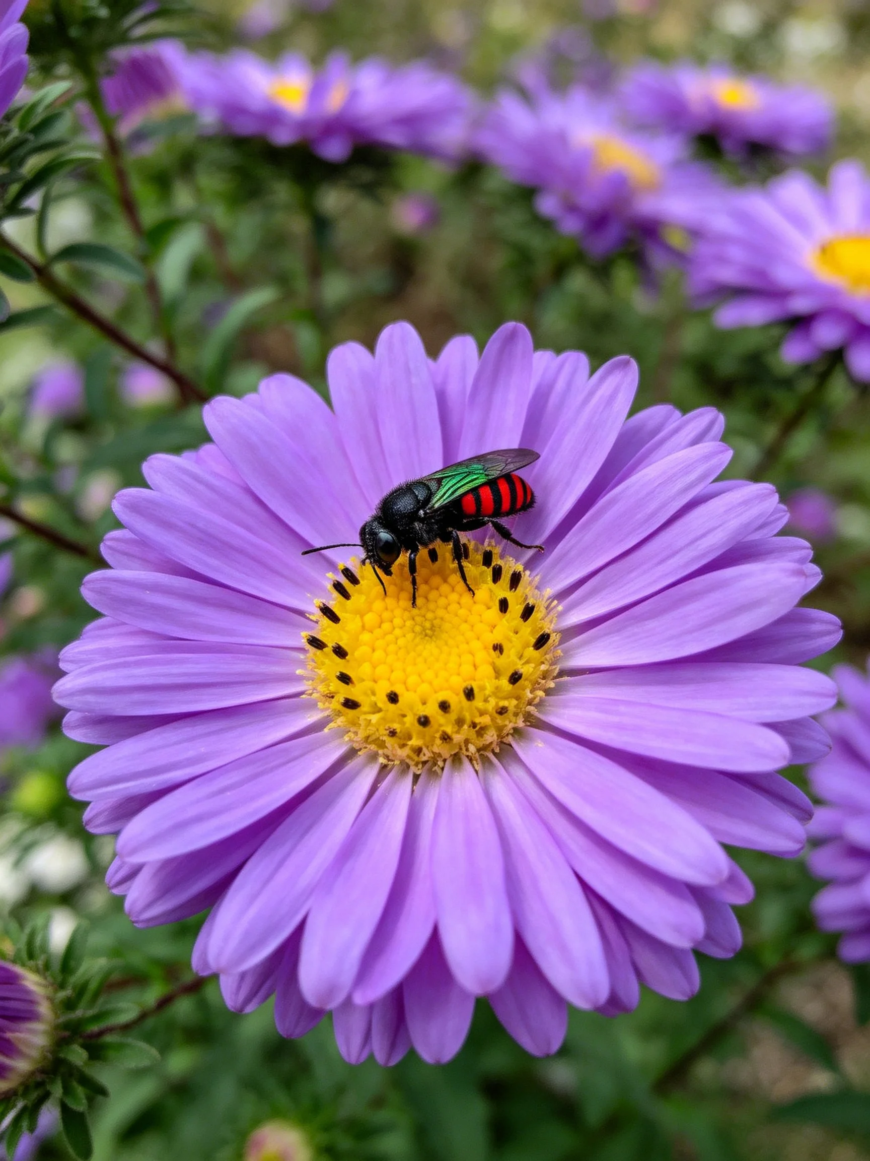 A colorful bee on a large purple aster with a yellow center