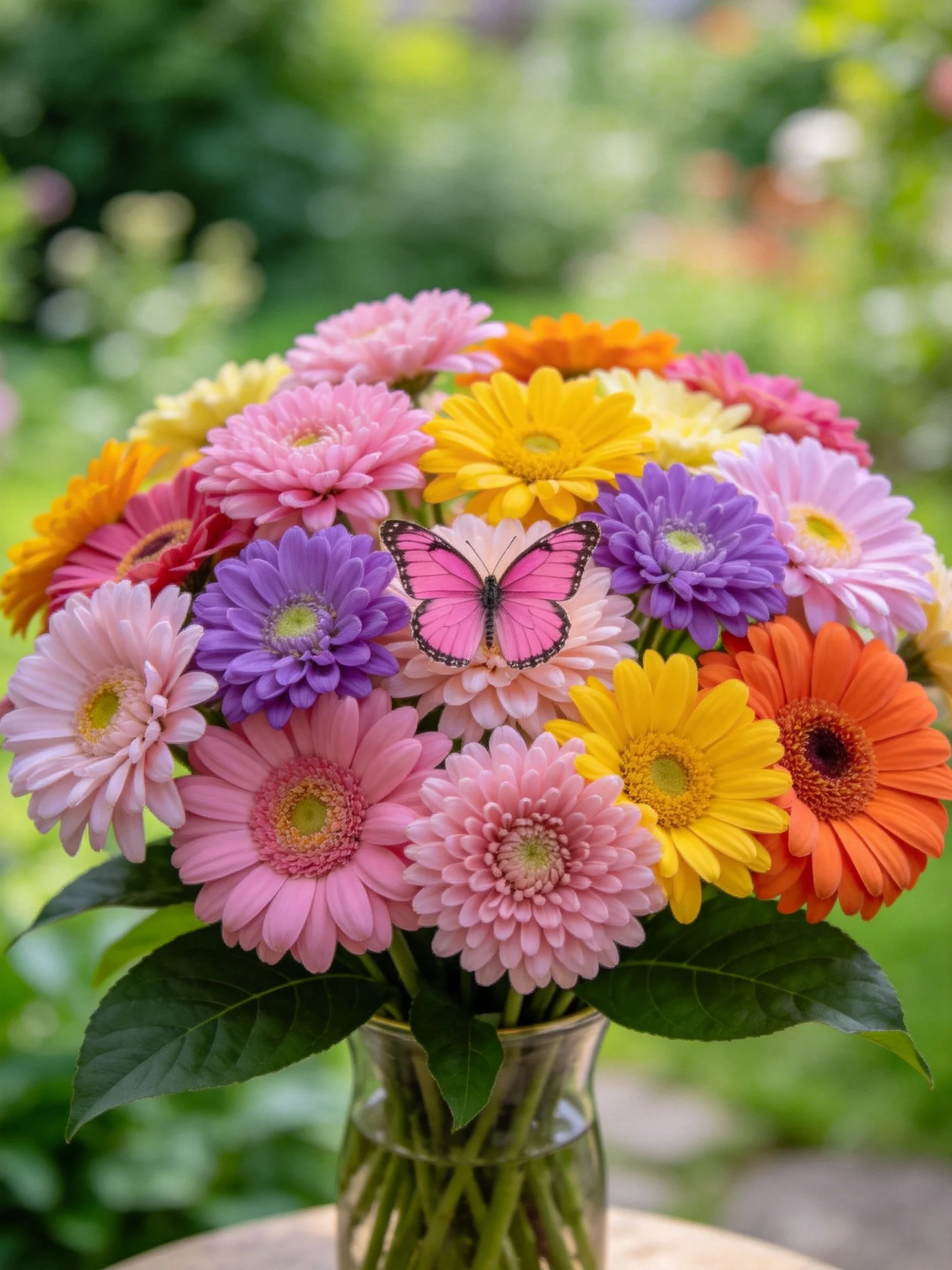 A colorful bouquet of assorted gerbera daisies with a pink butterfly