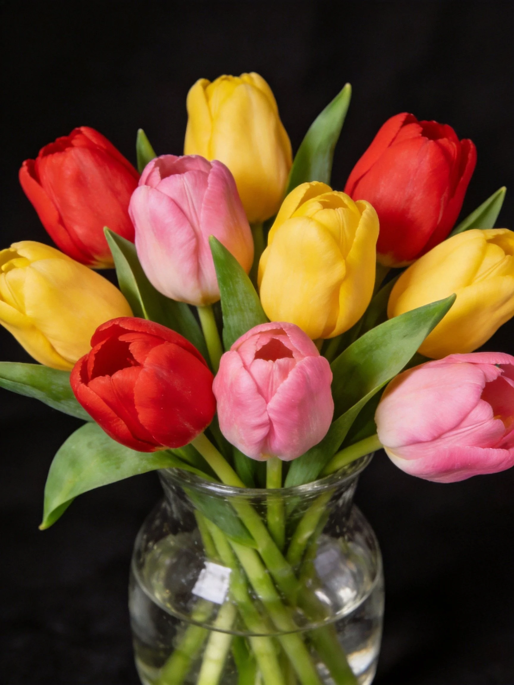 A colorful bouquet of red, yellow, and pink tulips in a glass vase
