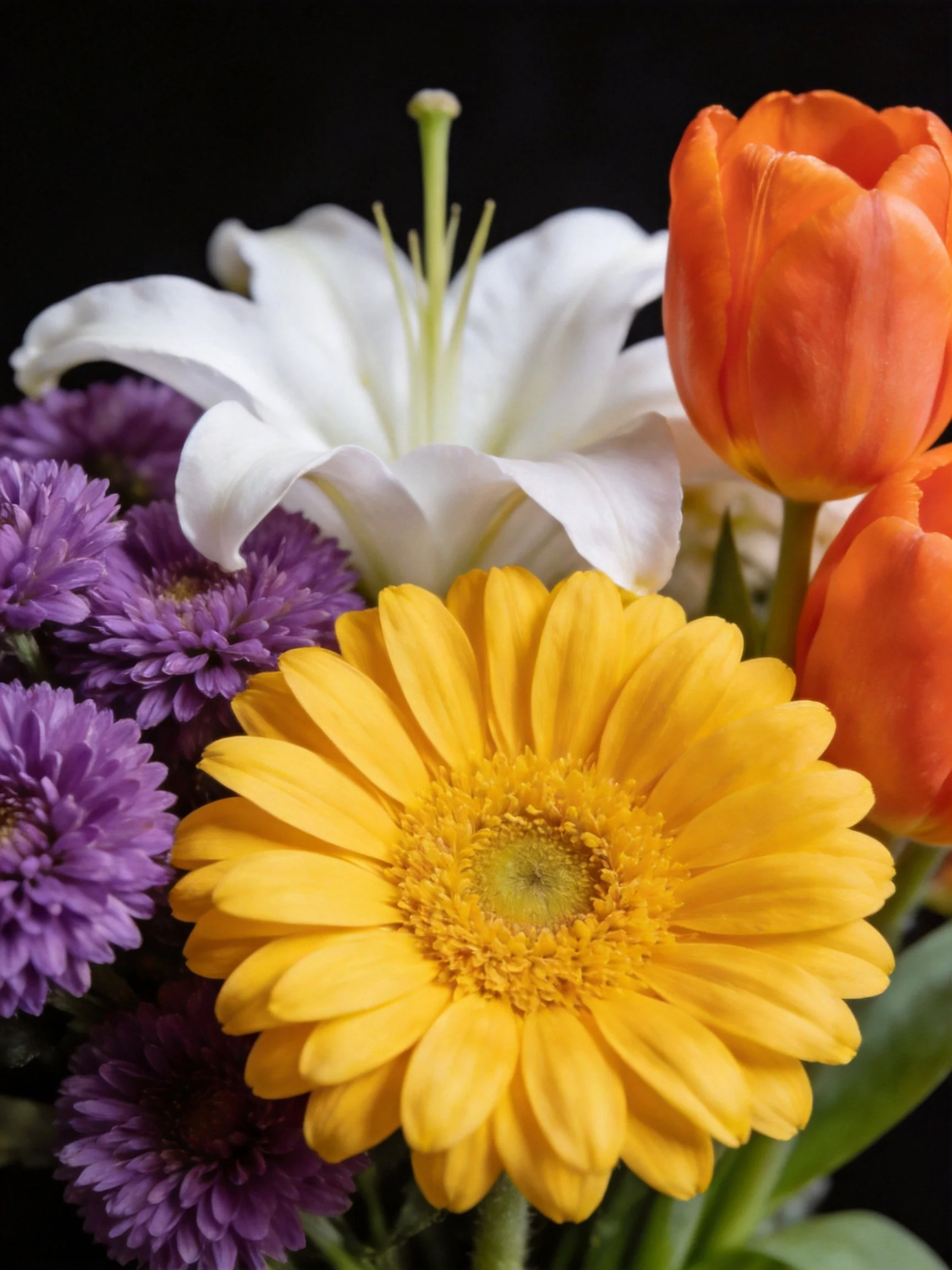 A colorful bouquet with white lilies, orange tulips, yellow gerbera, and purple blooms