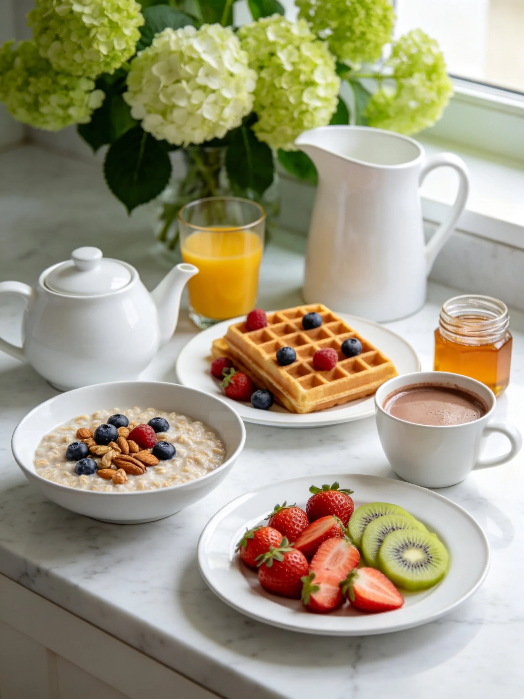 A colorful breakfast display with oatmeal, waffles, fresh fruit, and hydrangeas.