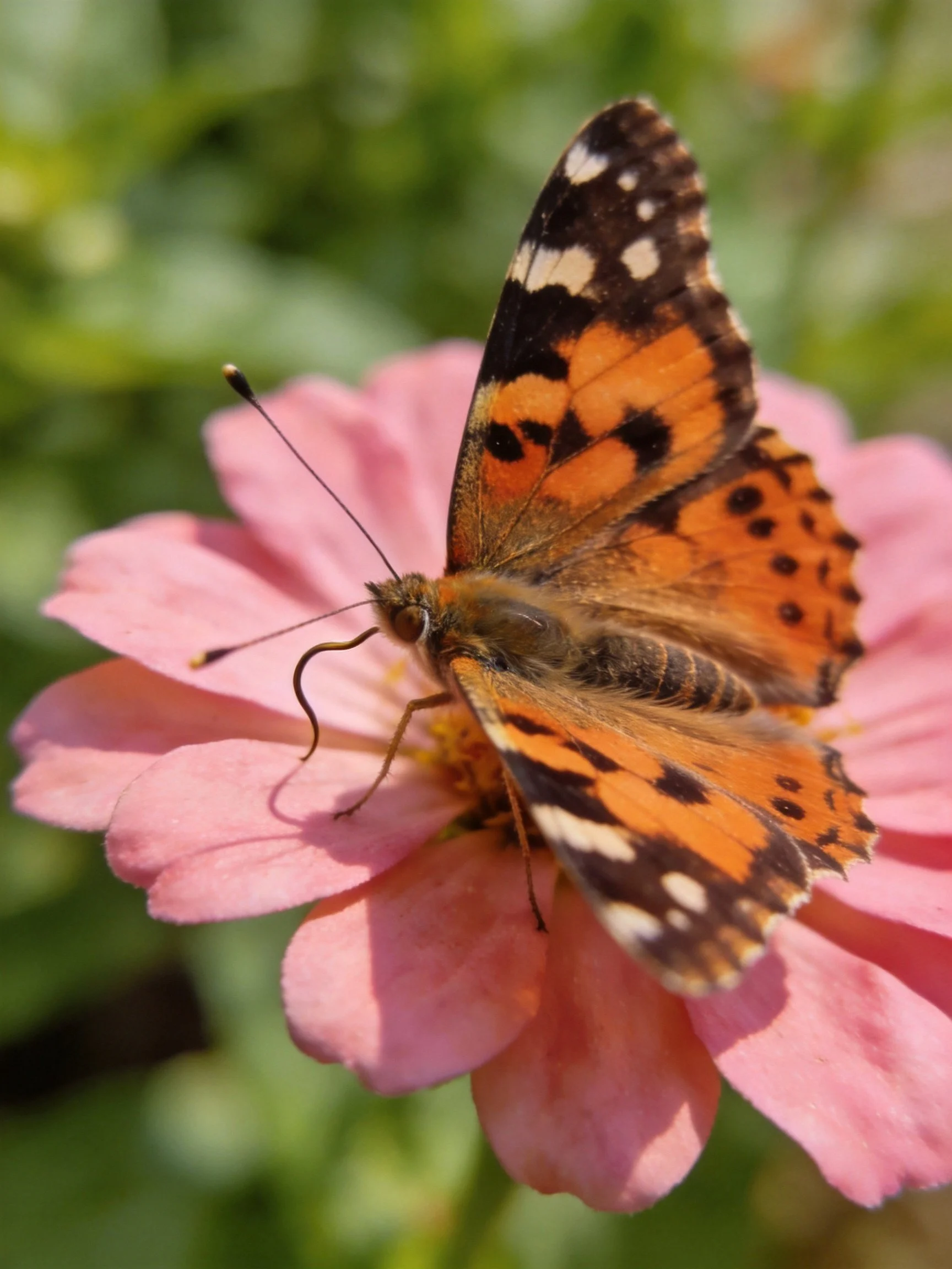 A colorful butterfly perched on a soft pink flower