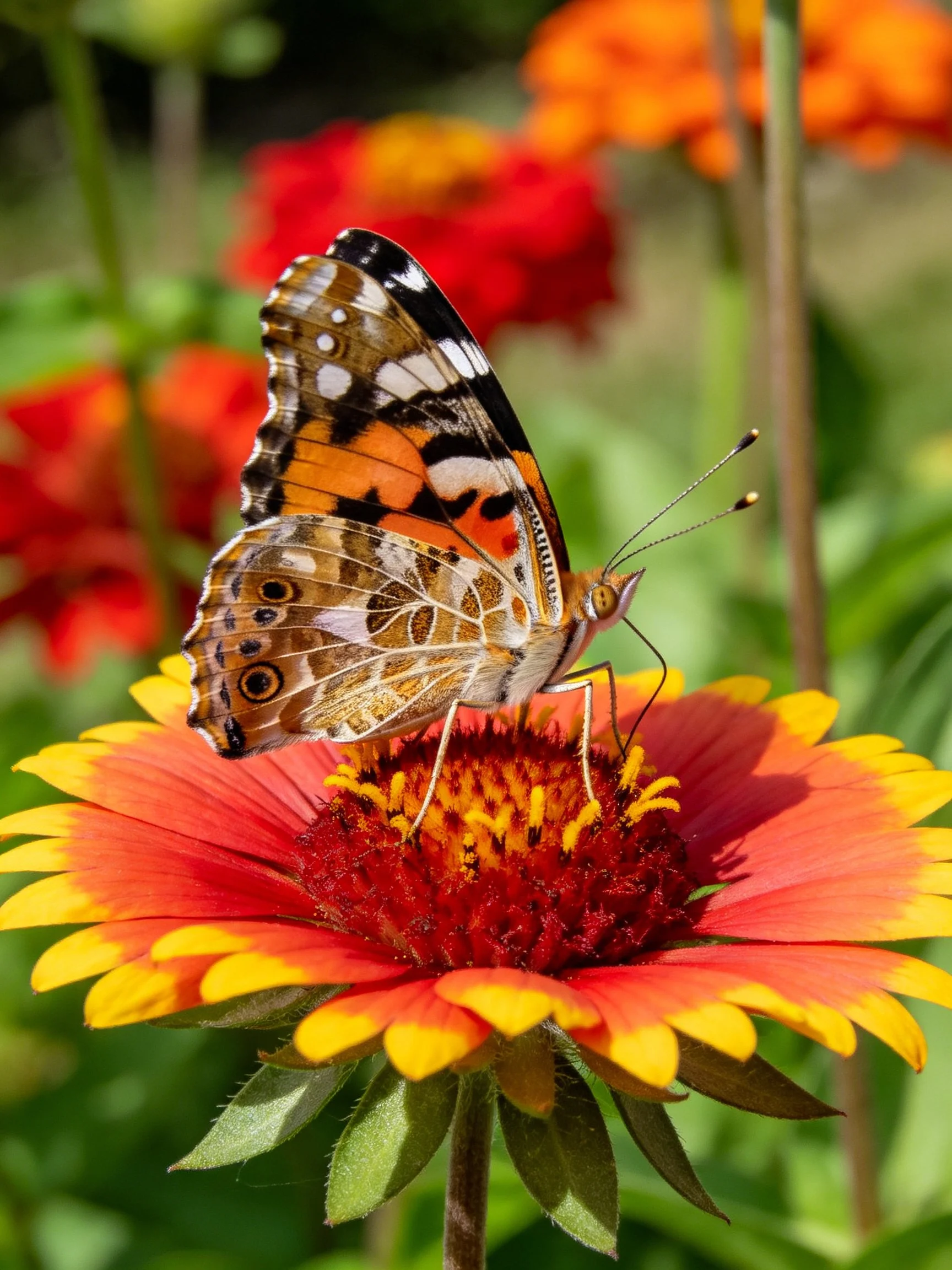 A colorful butterfly perches on a vibrant red-yellow flower