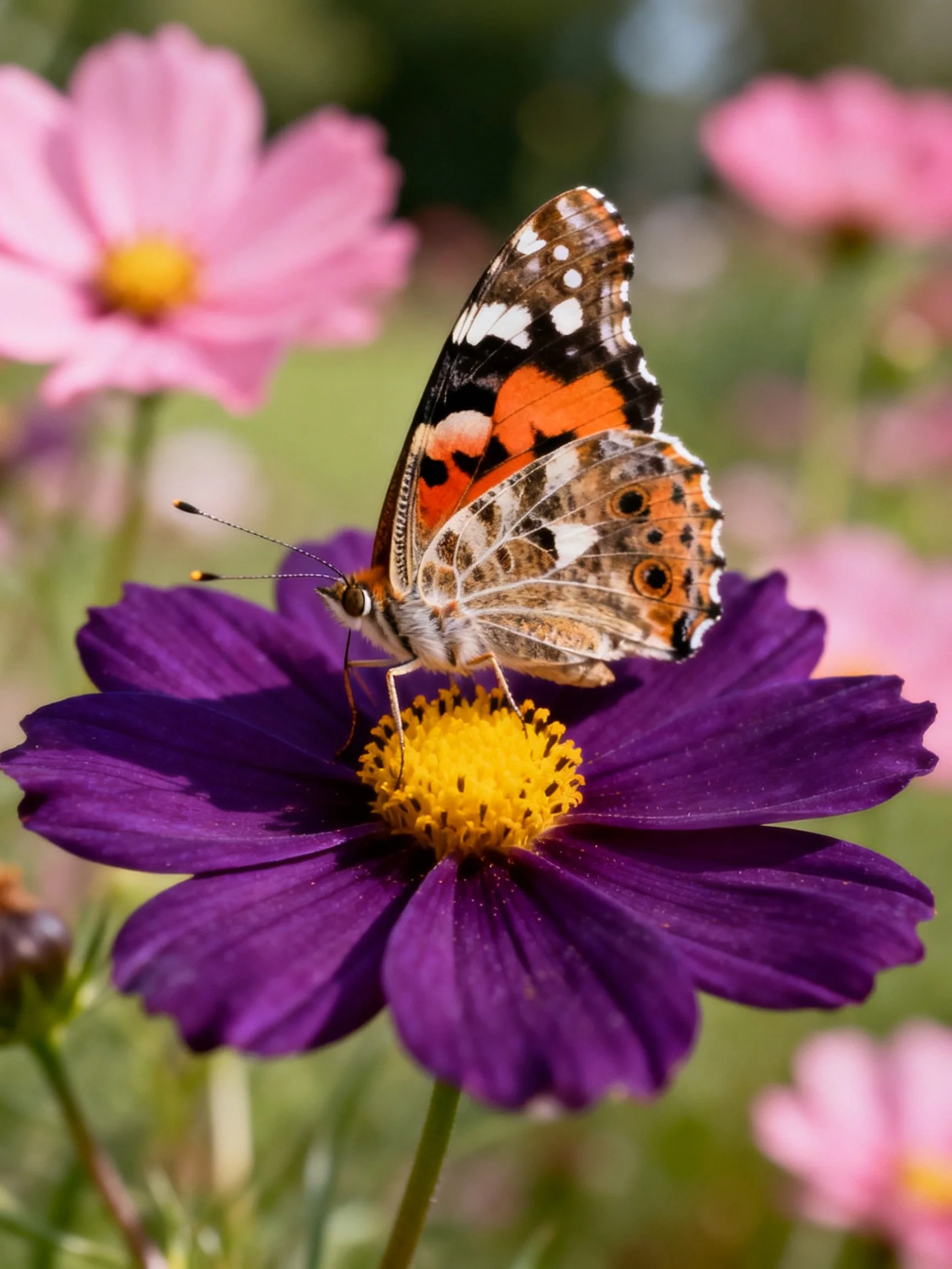 A colorful butterfly rests on a vibrant purple flower
