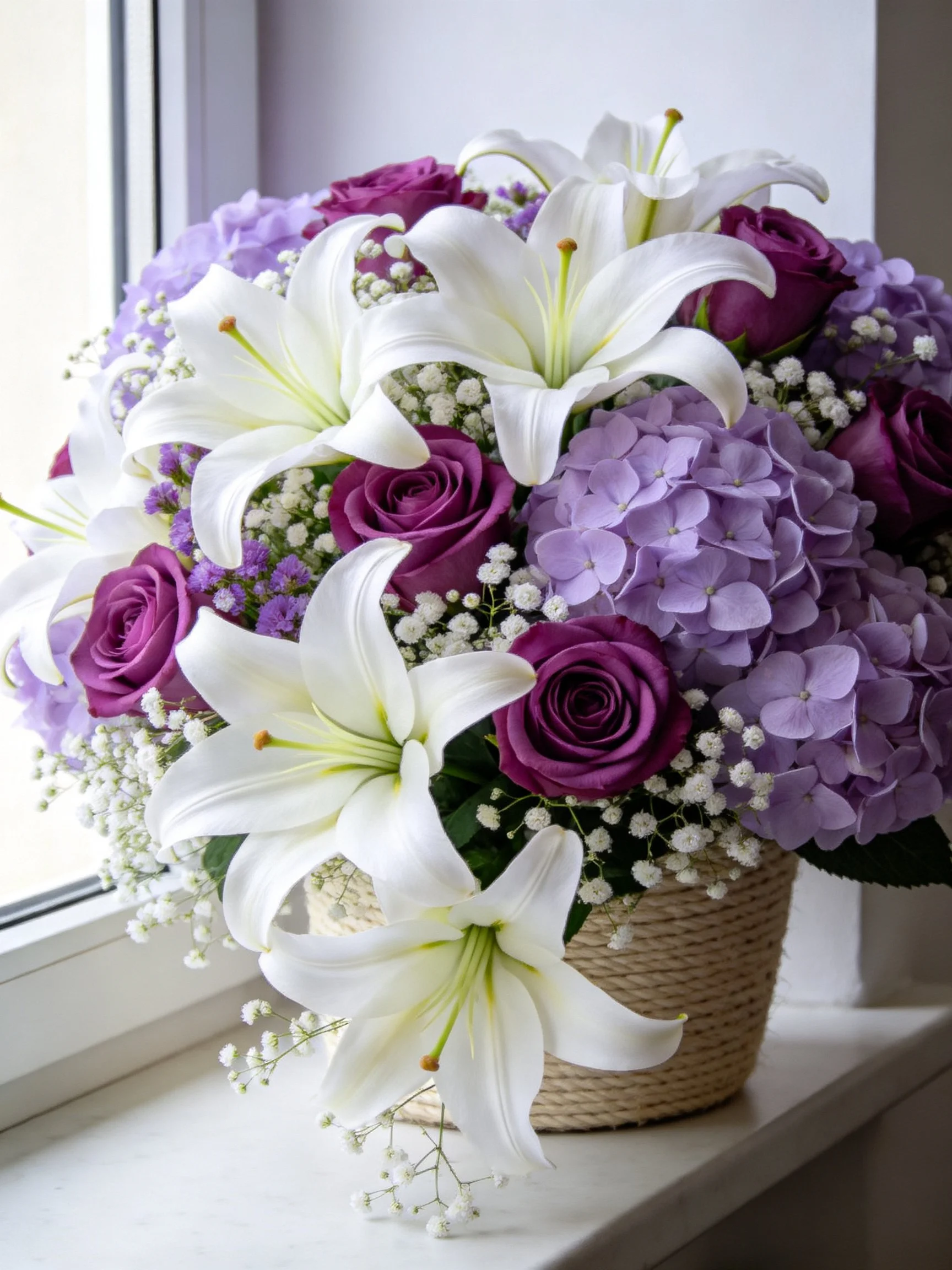 A colorful floral arrangement with white lilies, purple roses, and lavender hydrangeas