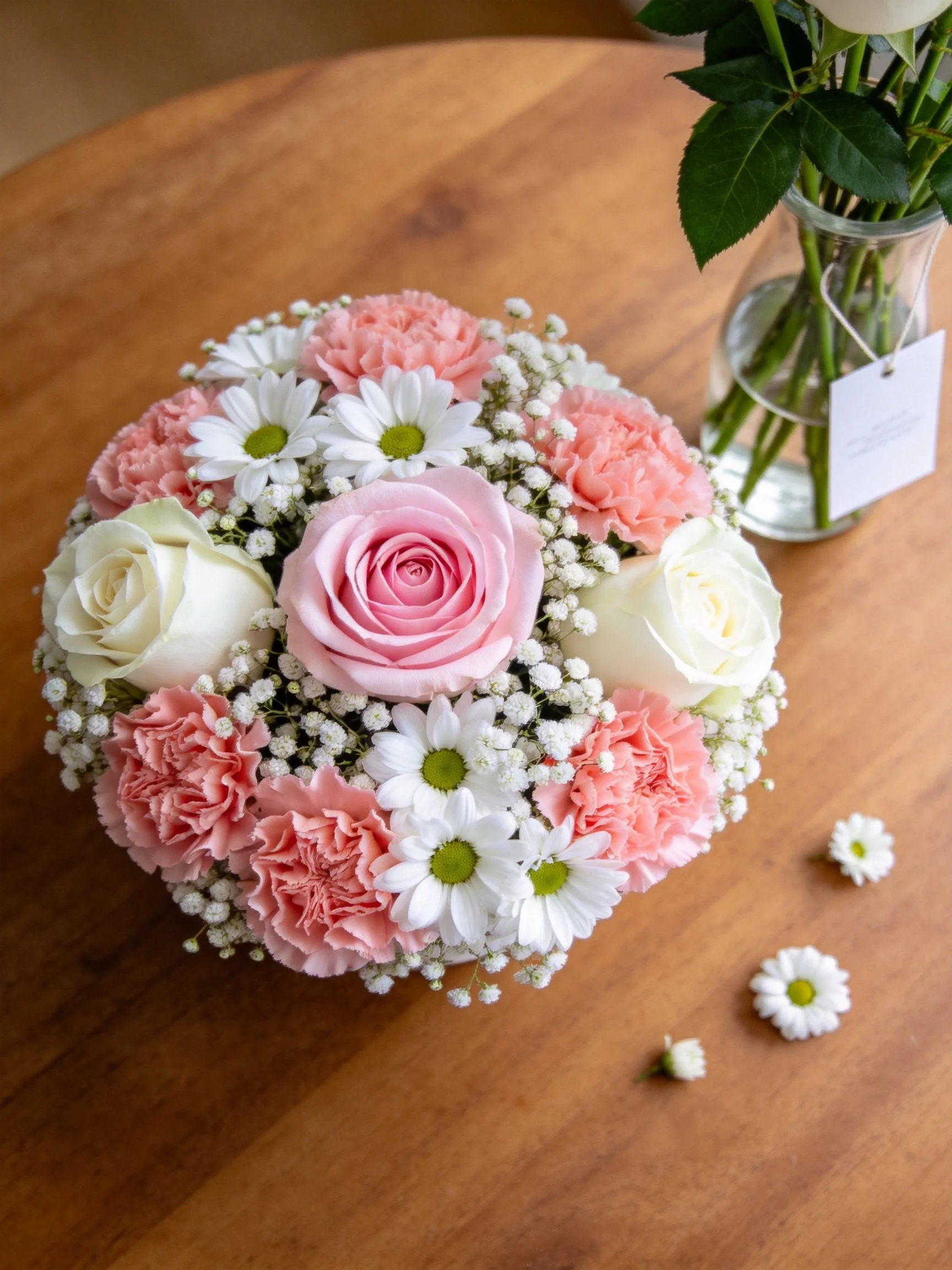 A colorful flower arrangement with pink roses, white roses, carnations, daisies, and baby’s breath 