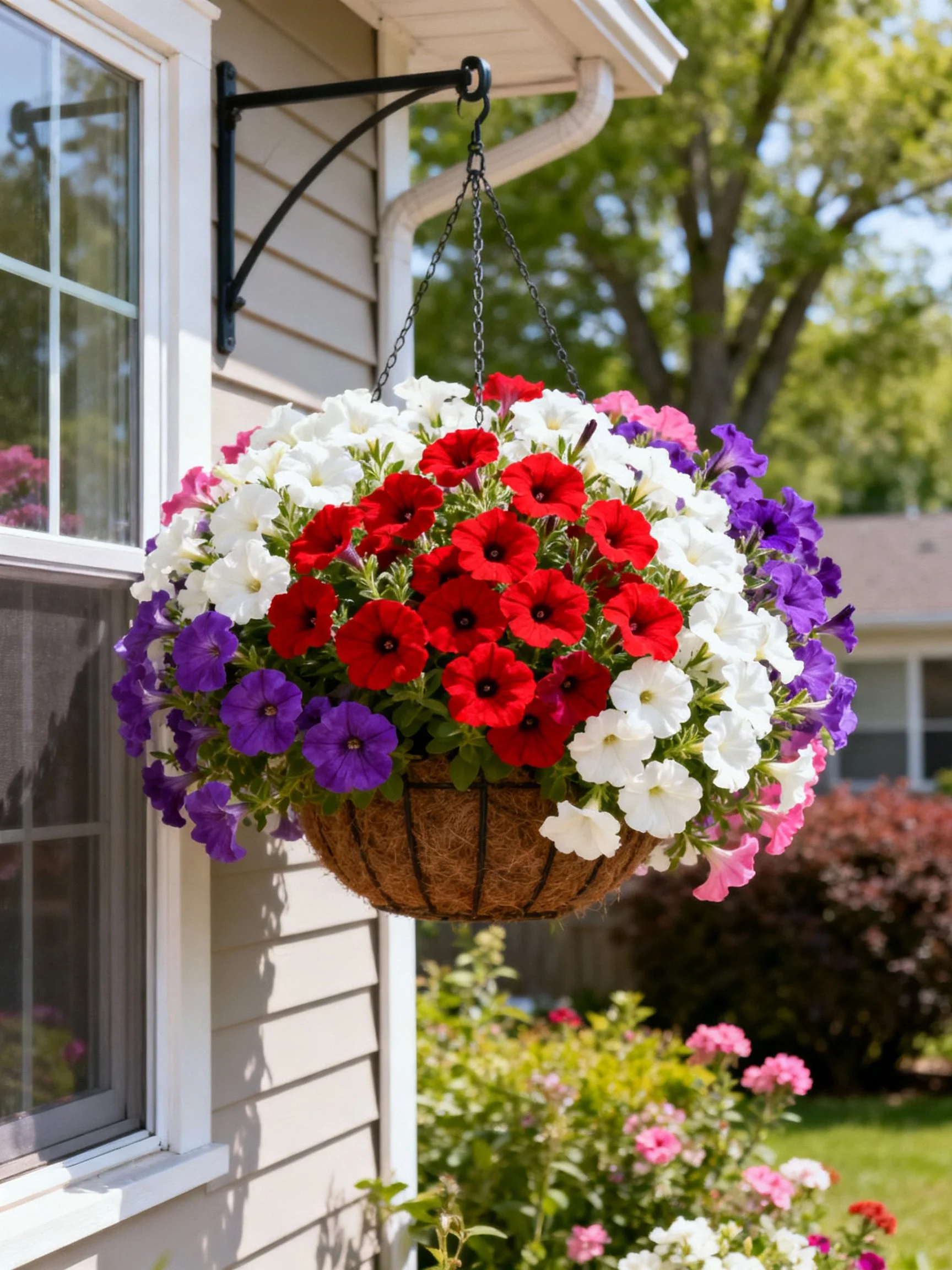 A colorful hanging basket with red, white, and purple flowers